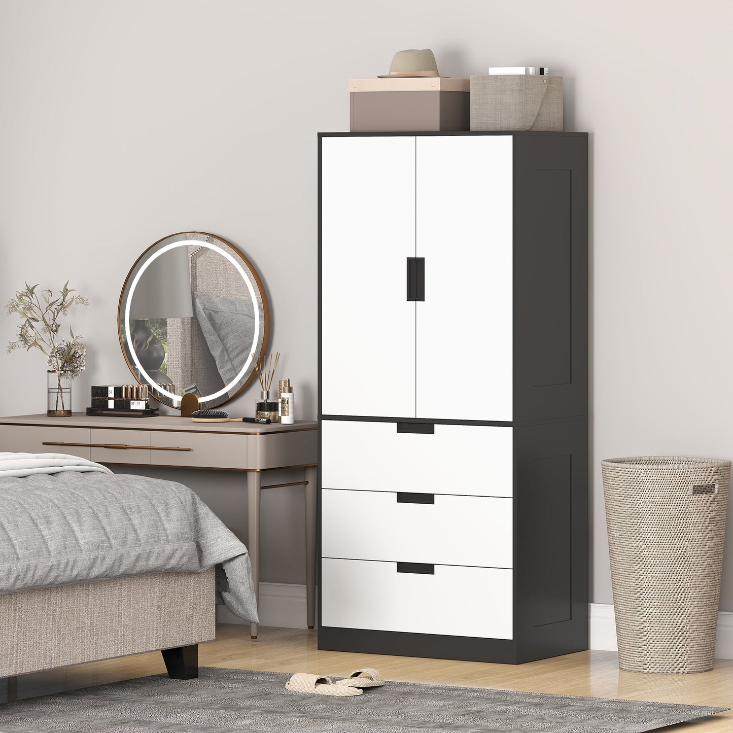Modern Clothes Storage Cupboard Unit, Wardrobe with Hanging Rod, 3-Drawer and 2-Door, Black - HOMCOM