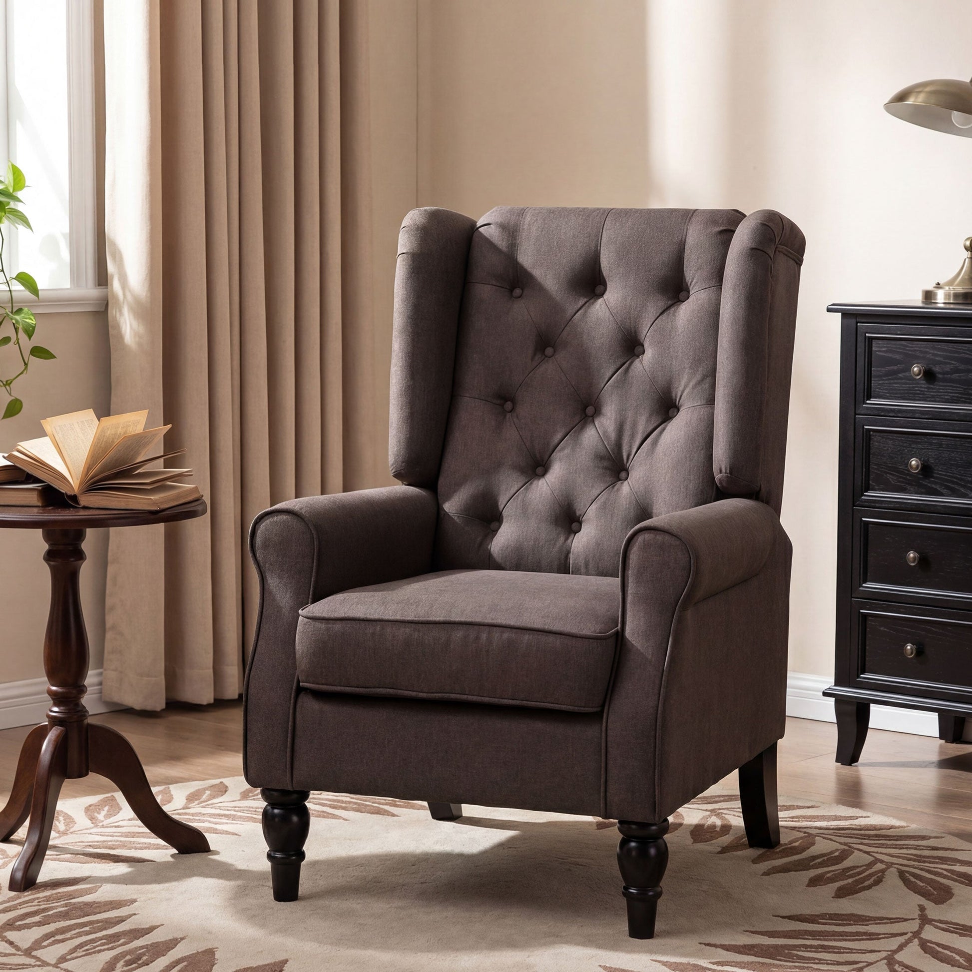 Mid-CenturyAccent Chair w/ High Wingback, Button-Tufted Fabric & Retro Wood Legs, Dark Brown - HOMCOM
