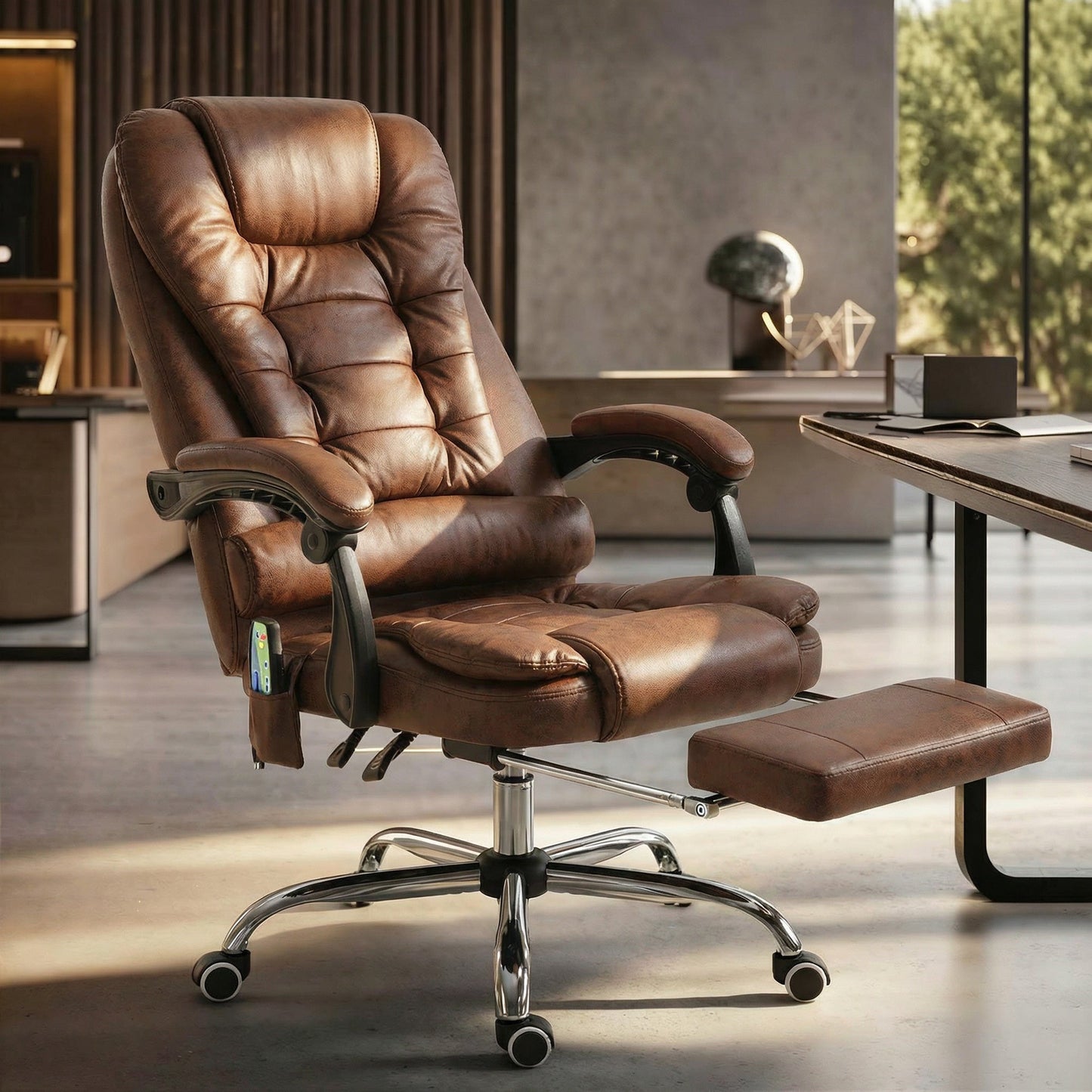6-Point Massage Office Chair with Heated Back, Reclining and Footrest, Brown