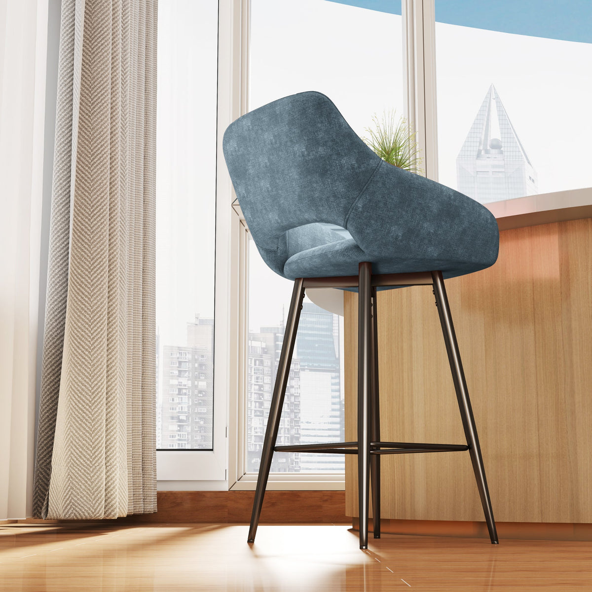 Aura Velvet Bar Stools Set of 2, Velvet-feel Fabric Counter Height Chairs with Steel Legs, Blue - HOMCOM