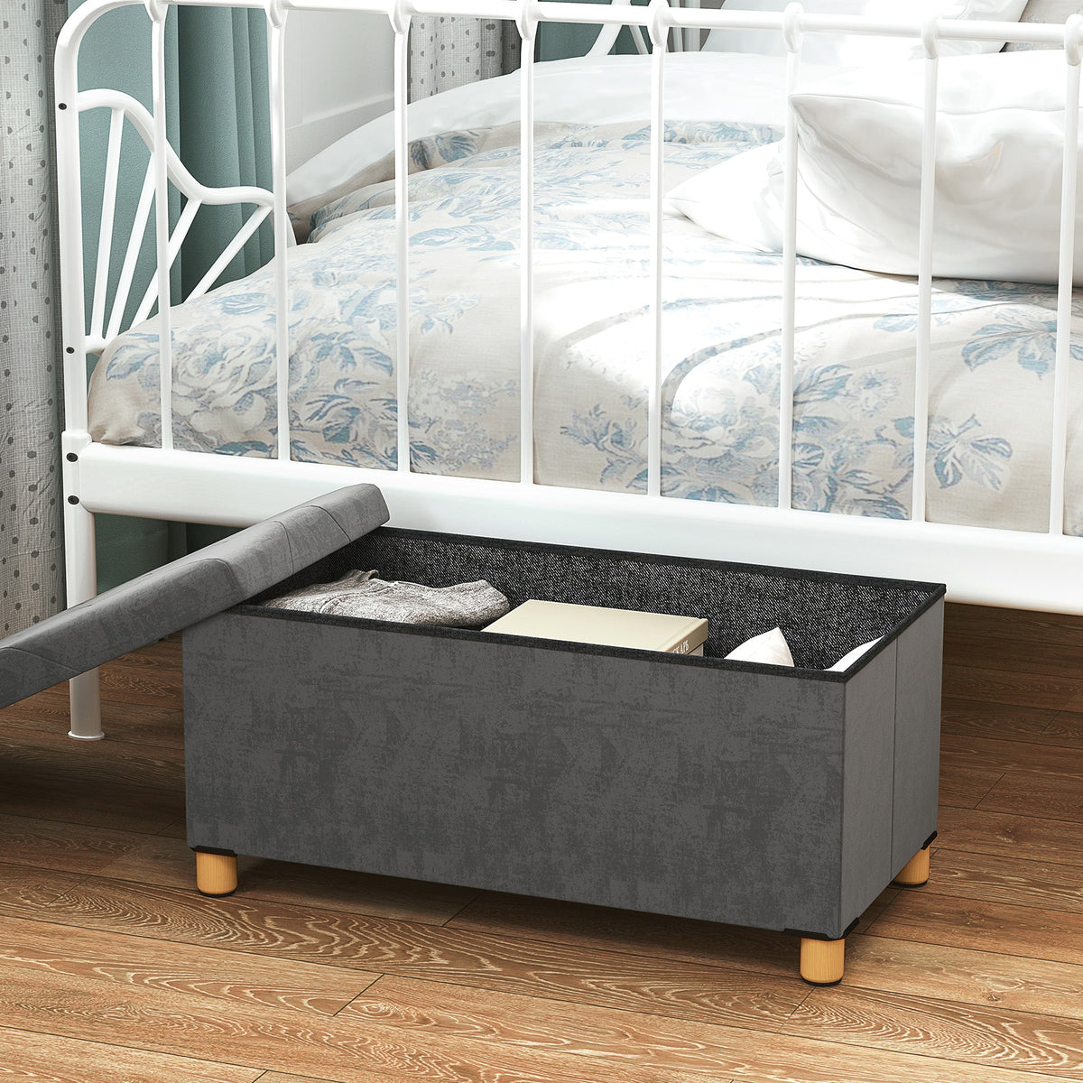 Storage Ottoman Bench, Velvet Upholstered Foldable Ottoman Footrest, Foot Stool with Wood Legs for Living Room, Bedroom, Entryway, Grey
