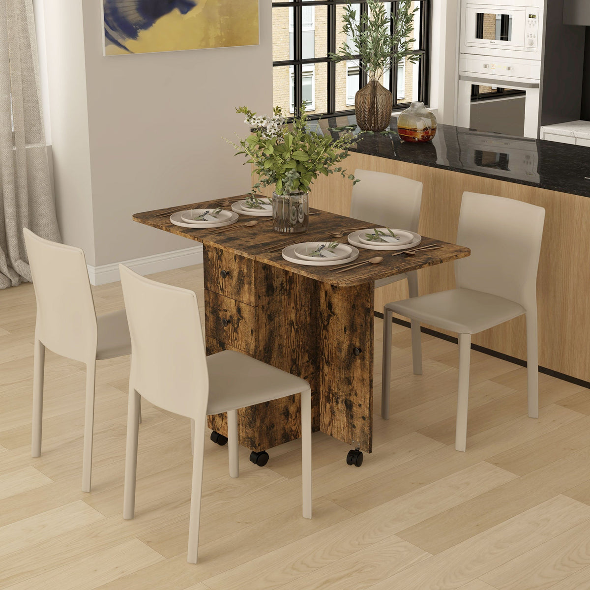 HOMCOM Folding Dining Table for 4-6, Rolling Drop Leaf Table with Storage Drawers, Cabinet and Open Shelf, Extendable Kitchen Table on Wheels, Rustic Brown