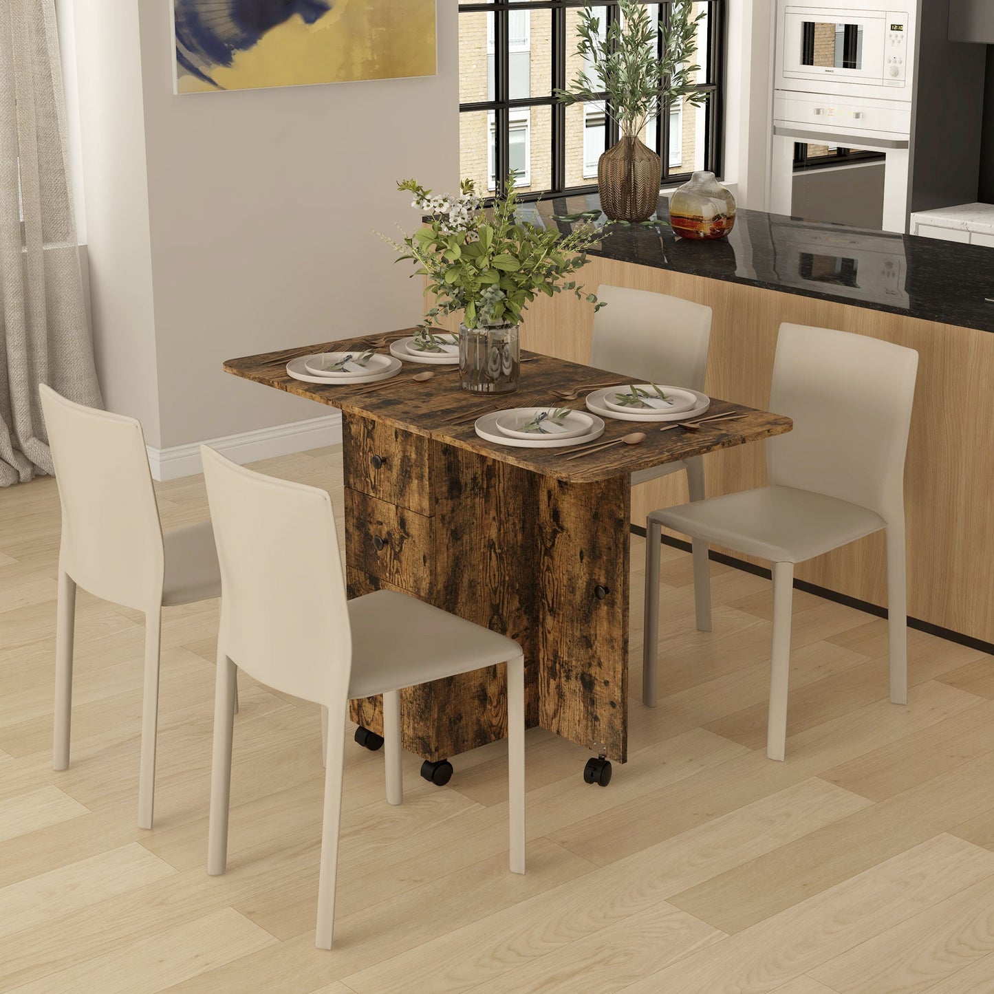HOMCOM Folding Dining Table for 4-6, Rolling Drop Leaf Table with Storage Drawers, Cabinet and Open Shelf, Extendable Kitchen Table on Wheels, Rustic Brown