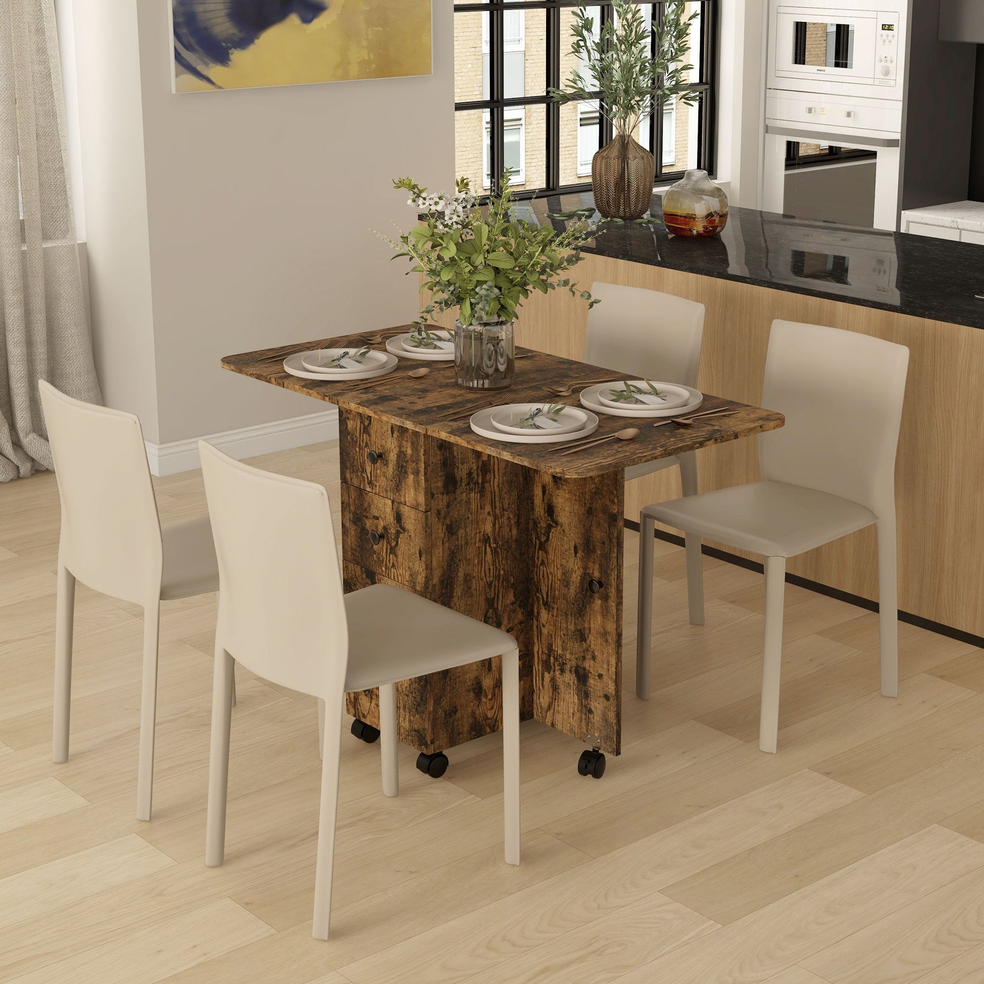 HOMCOM Folding Dining Table for 4-6, Rolling Drop Leaf Table with Storage Drawers, Cabinet and Open Shelf, Extendable Kitchen Table on Wheels, Rustic Brown