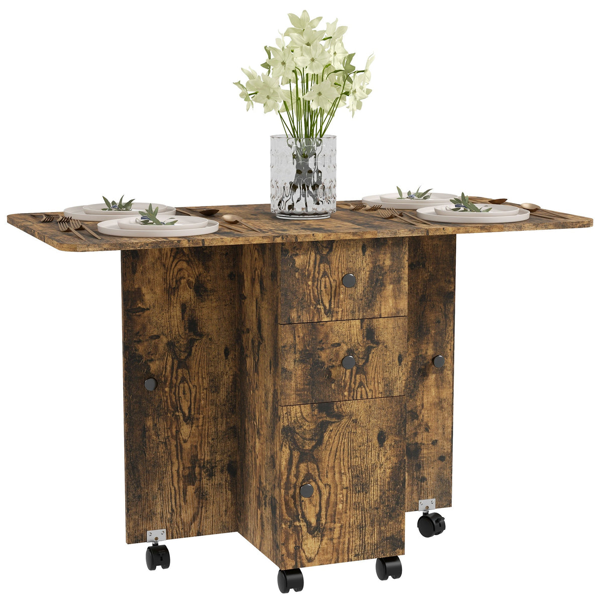 HOMCOM Folding Dining Table for 4-6, Rolling Drop Leaf Table with Storage Drawers, Cabinet and Open Shelf, Extendable Kitchen Table on Wheels, Rustic Brown