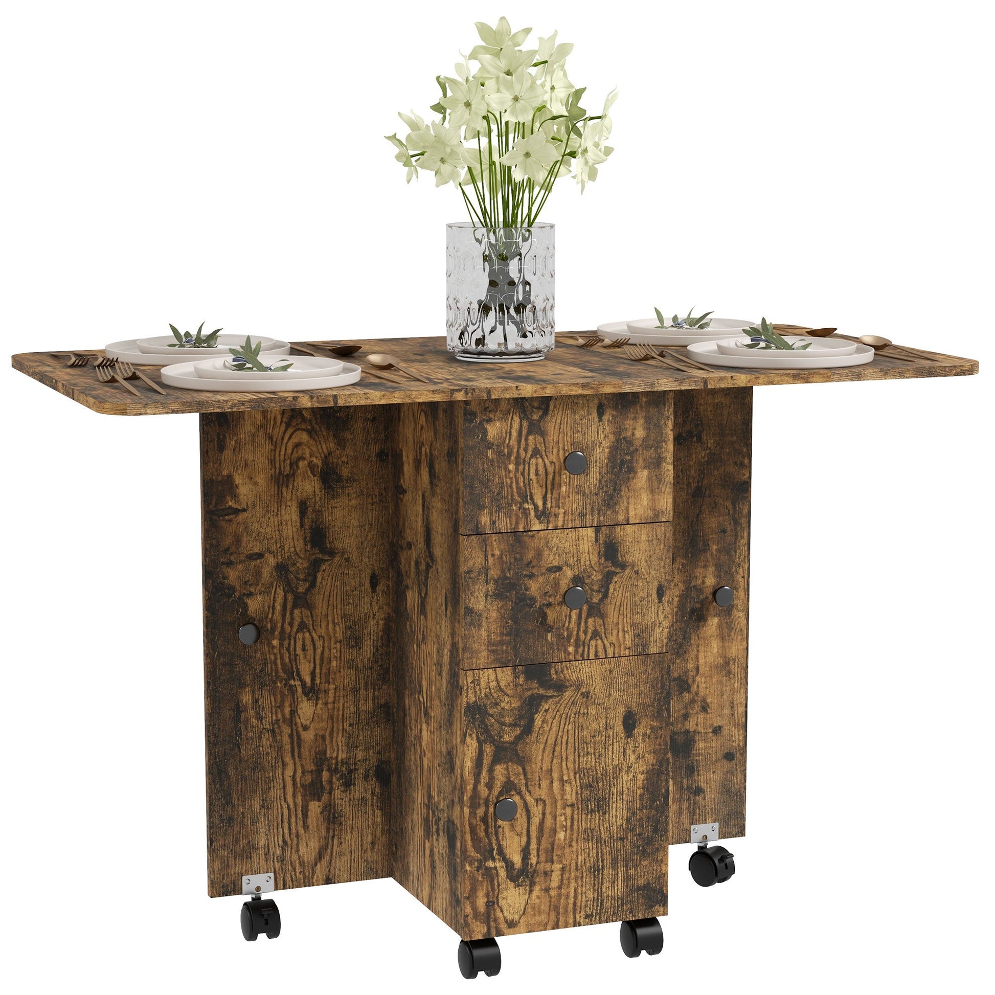 HOMCOM Folding Dining Table for 4-6, Rolling Drop Leaf Table with Storage Drawers, Cabinet and Open Shelf, Extendable Kitchen Table on Wheels, Rustic Brown