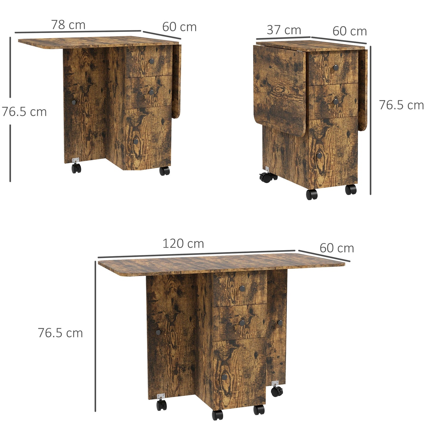 HOMCOM Folding Dining Table for 4-6, Rolling Drop Leaf Table with Storage Drawers, Cabinet and Open Shelf, Extendable Kitchen Table on Wheels, Rustic Brown