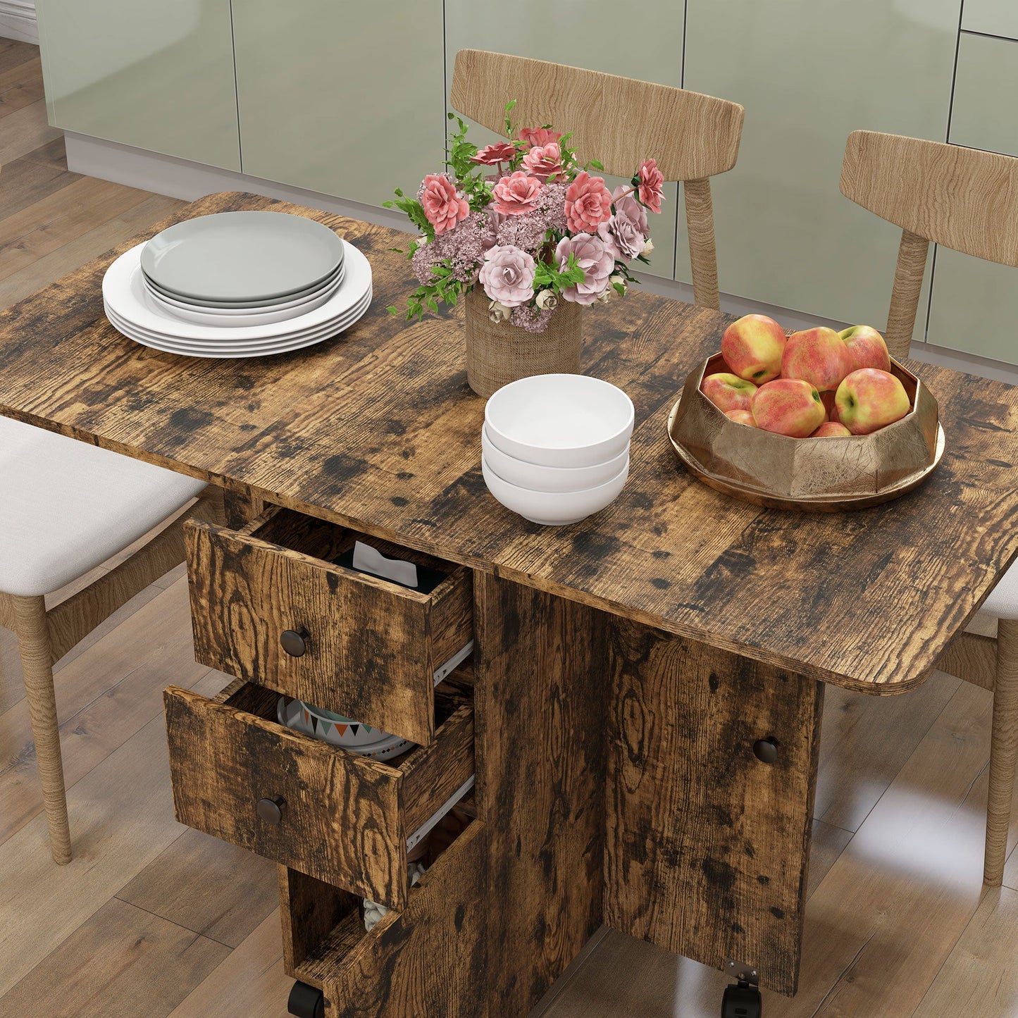 HOMCOM Folding Dining Table for 4-6, Rolling Drop Leaf Table with Storage Drawers, Cabinet and Open Shelf, Extendable Kitchen Table on Wheels, Rustic Brown