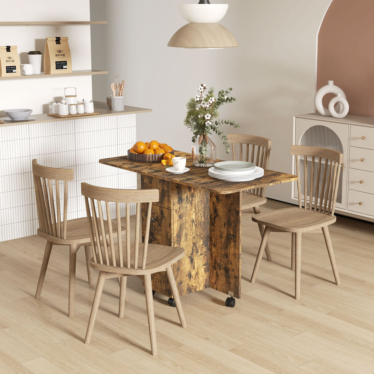 HOMCOM Folding Dining Table for 4-6, Rolling Drop Leaf Table with Storage Drawers, Cabinet and Open Shelf, Extendable Kitchen Table on Wheels, Rustic Brown