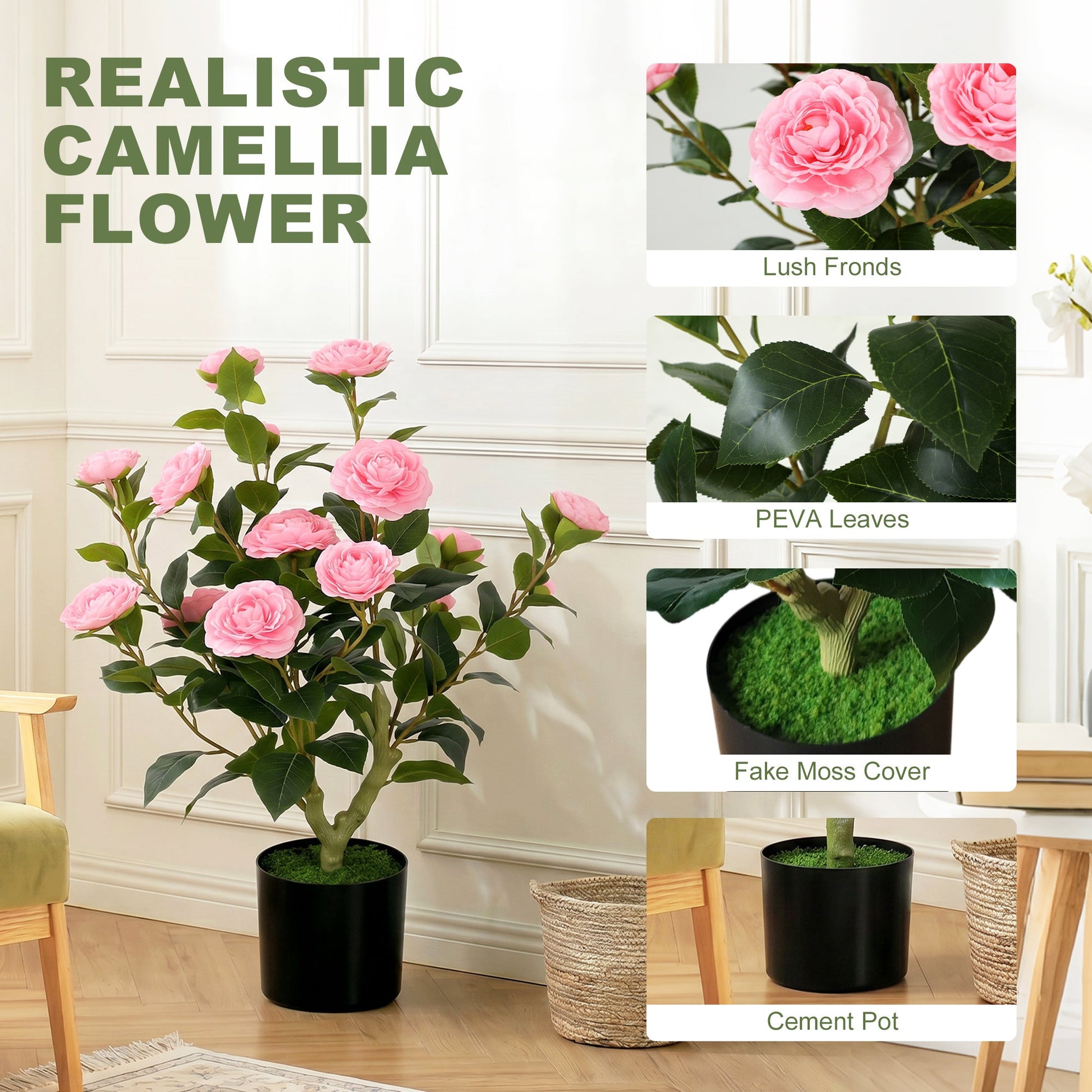 65cm Artificial Camellia Flower Plant in Pot, Realistic Silk Flowers with 116 Lush Leaves & Moss Effect, Faux Tree for Outdoor Indoor Garden Porch Decor, Pink