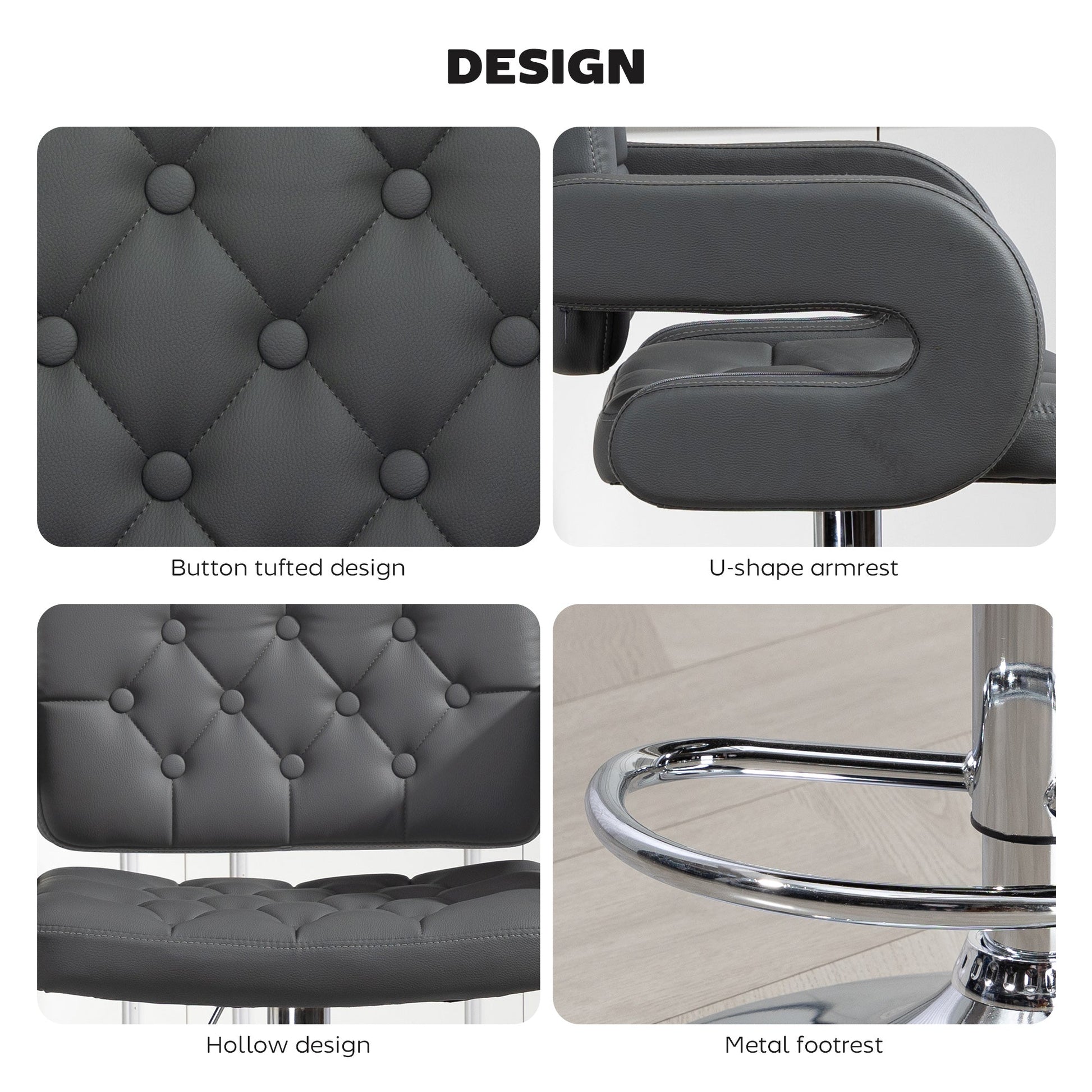 Swivel Bar Stool with Extra Large Seat, PU Leather Upholstered Adjustable Barstool with Back, Arm and Footrest, Breakfast Bar Chair for Bistro, Kitchen, Grey