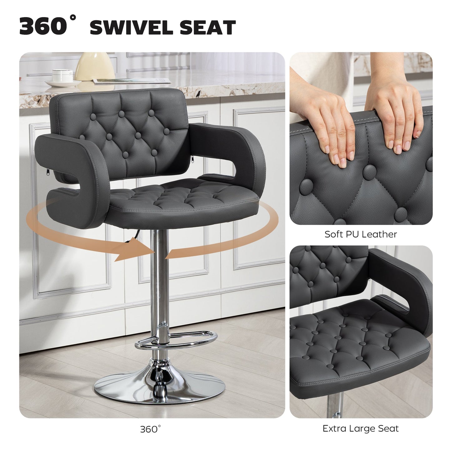 Swivel Bar Stool with Extra Large Seat, PU Leather Upholstered Adjustable Barstool with Back, Arm and Footrest, Breakfast Bar Chair for Bistro, Kitchen, Grey