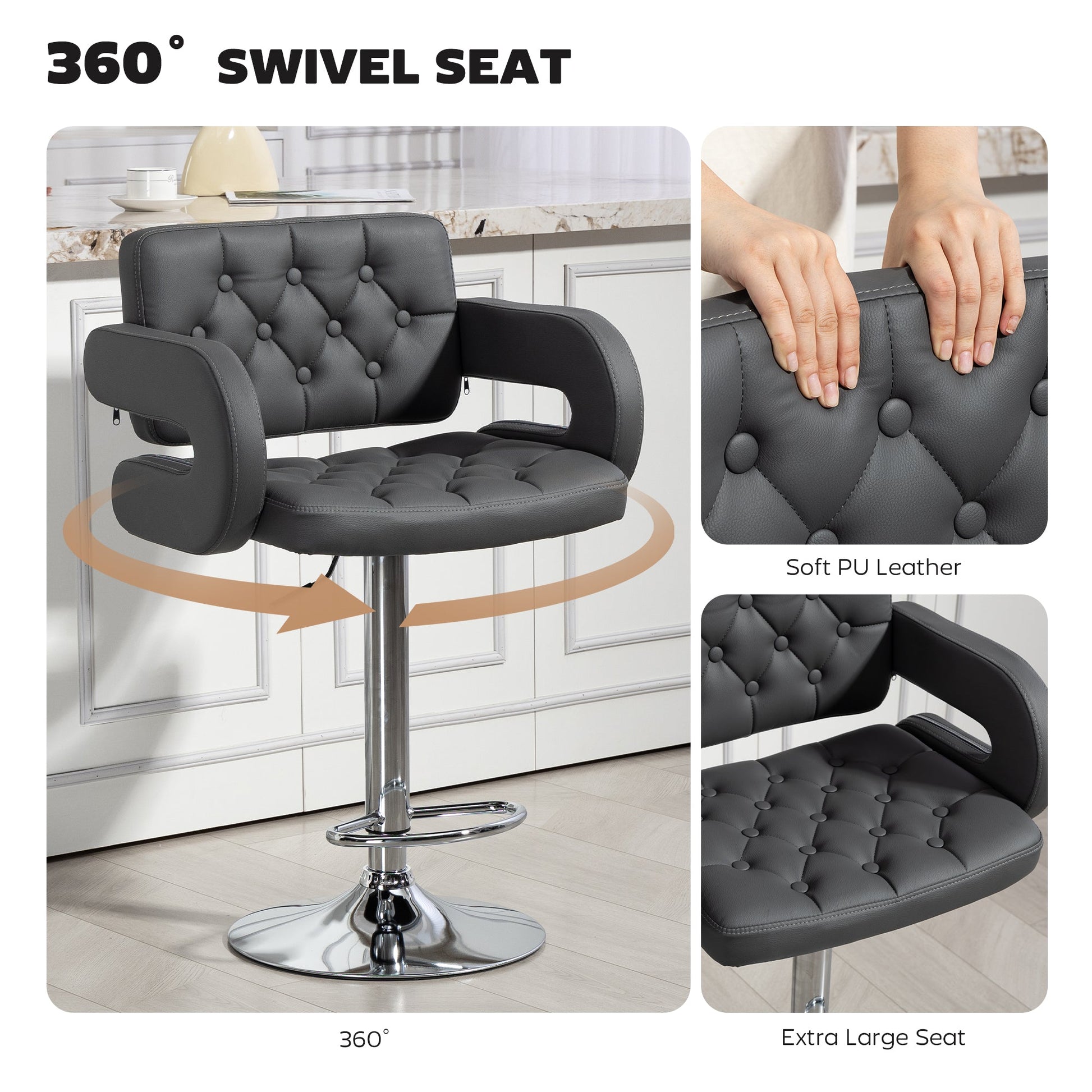 Swivel Bar Stool with Extra Large Seat, PU Leather Upholstered Adjustable Barstool with Back, Arm and Footrest, Breakfast Bar Chair for Bistro, Kitchen, Grey