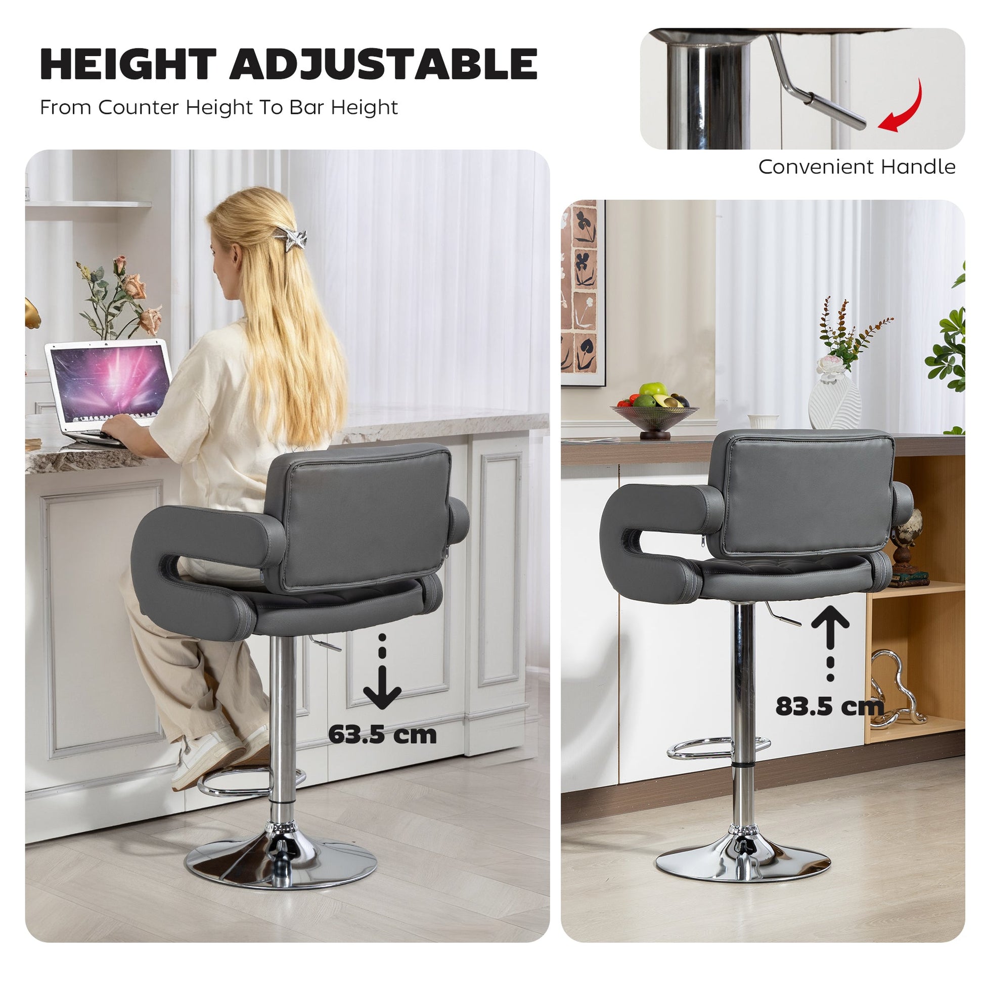 Swivel Bar Stool with Extra Large Seat, PU Leather Upholstered Adjustable Barstool with Back, Arm and Footrest, Breakfast Bar Chair for Bistro, Kitchen, Grey