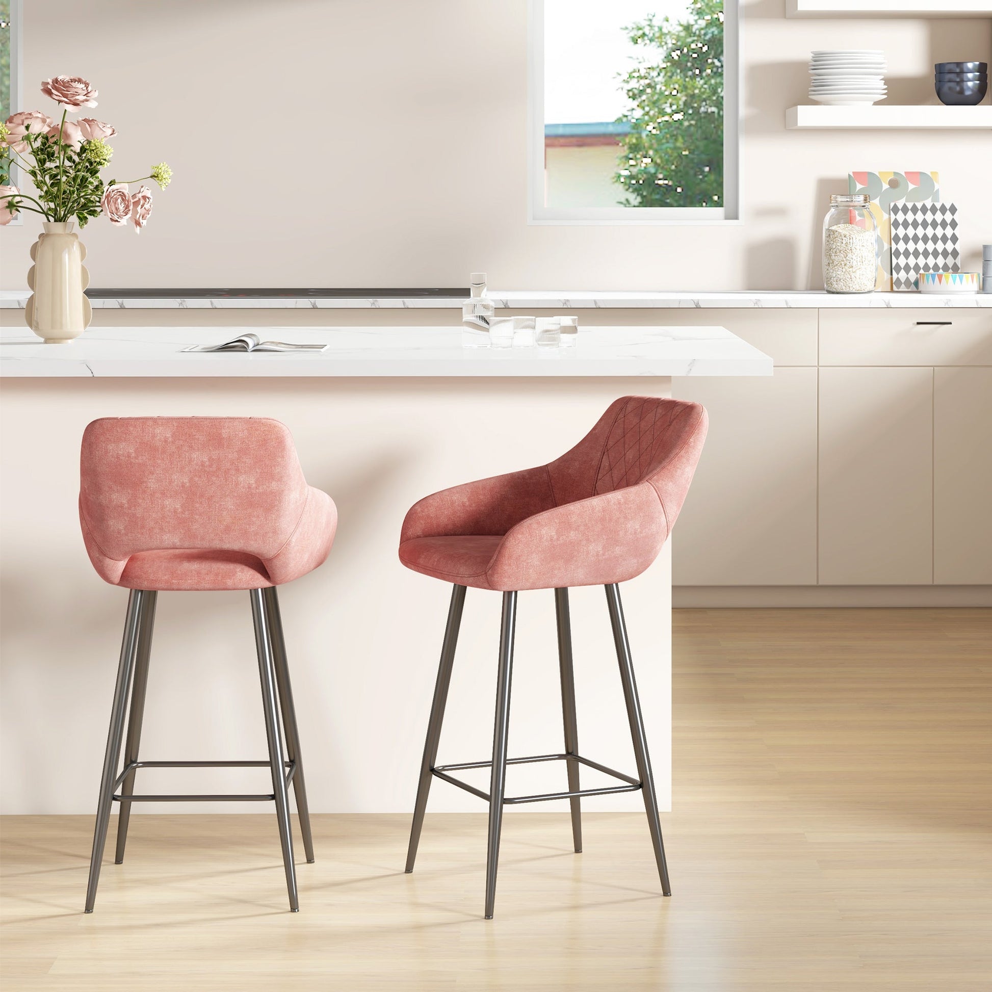 HOMCOM Bar Stools Set of 2, Velvet-Touch Fabric Counter Height Bar Chairs, Kitchen Stools with Steel Legs for Dining Area, Kitchen Island Barstools, Pink