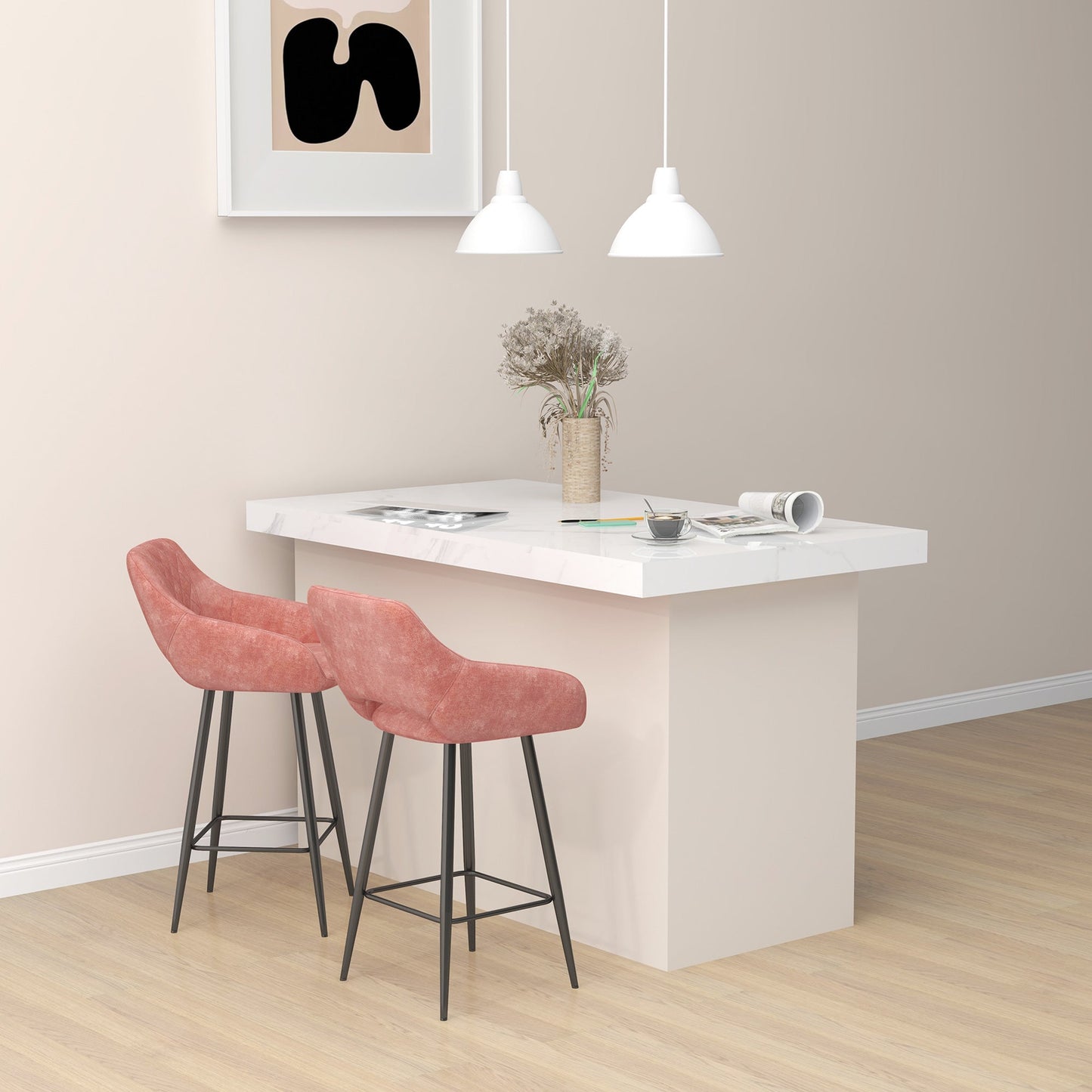 HOMCOM Bar Stools Set of 2, Velvet-Touch Fabric Counter Height Bar Chairs, Kitchen Stools with Steel Legs for Dining Area, Kitchen Island Barstools, Pink
