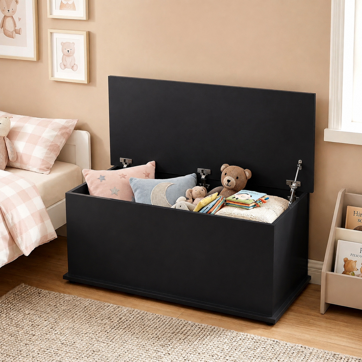 113L Storage Chest with Flip-Top Lid and 2 Safety Hinges for Living Room, Entryway, Black