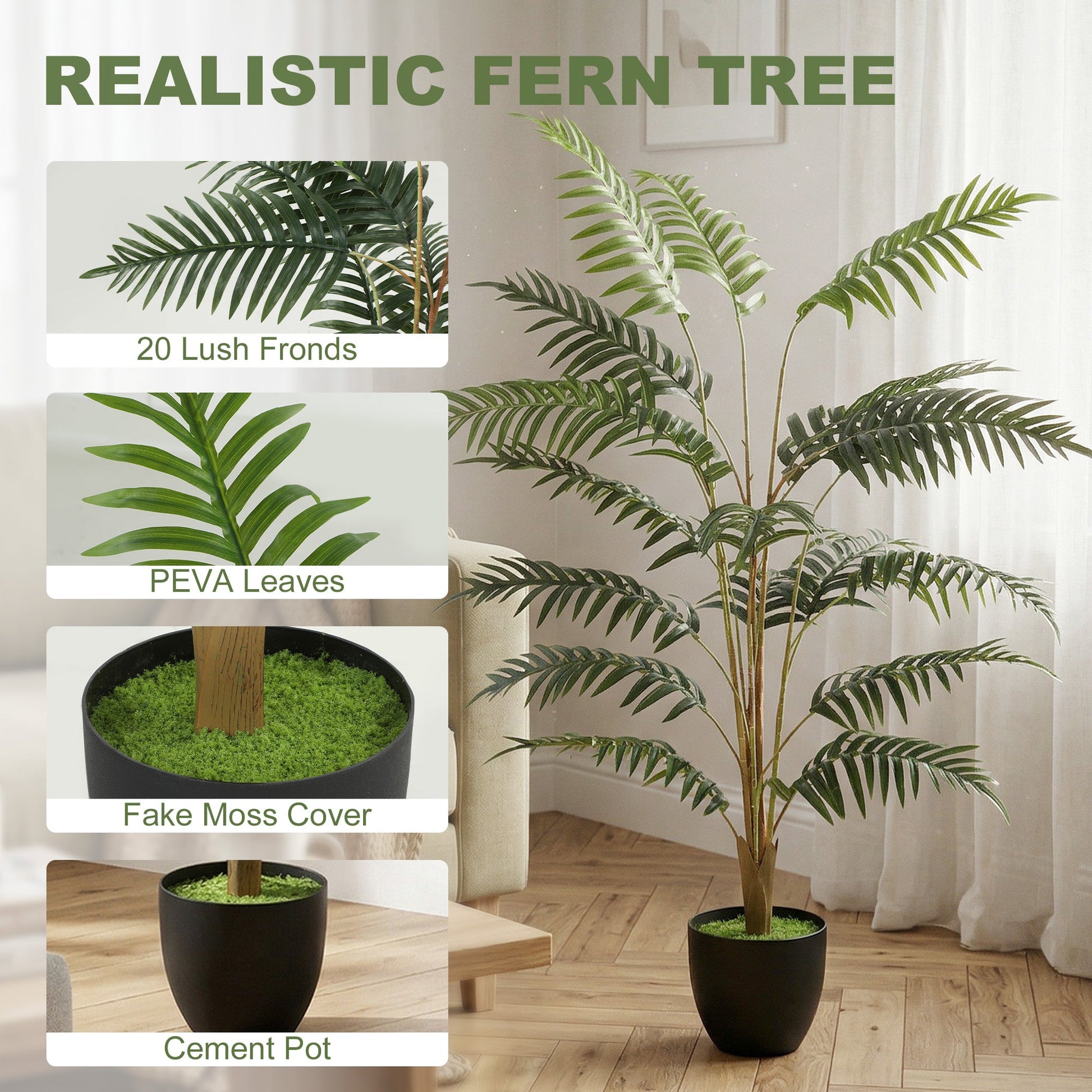 120cm Tall Artificial Fern Topiary Tree, Realistic Artificial Plant in Cement Pot, Fake Plant for Indoor Outdoor Front Porch Home Decor, Green