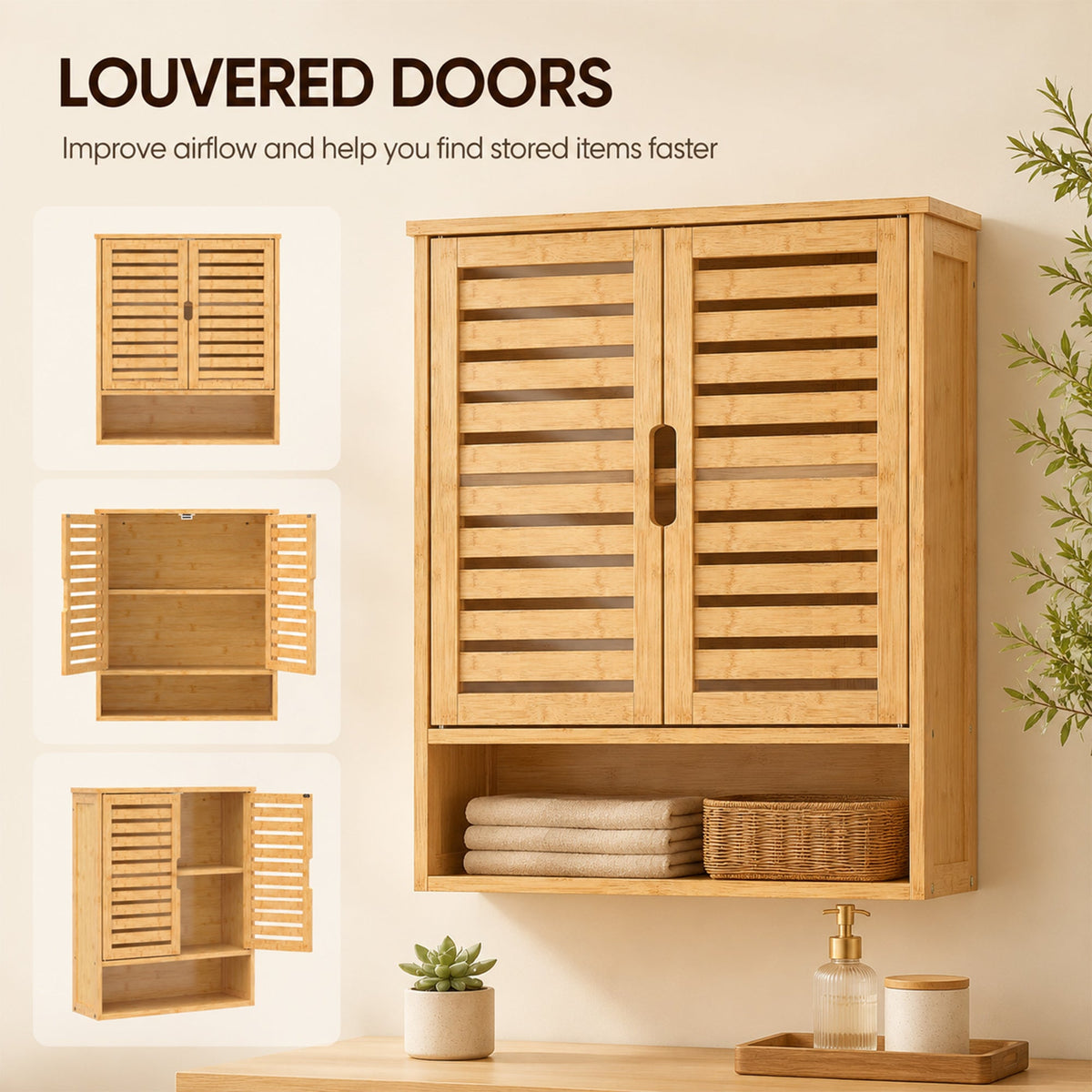 Bathroom Wall Cabinet, Wall Mounted Bathroom Cabinet with 2 Louvered Doors, Open Shelf and Adjustable Shelf Storage for Toilet, Laundry, Oak