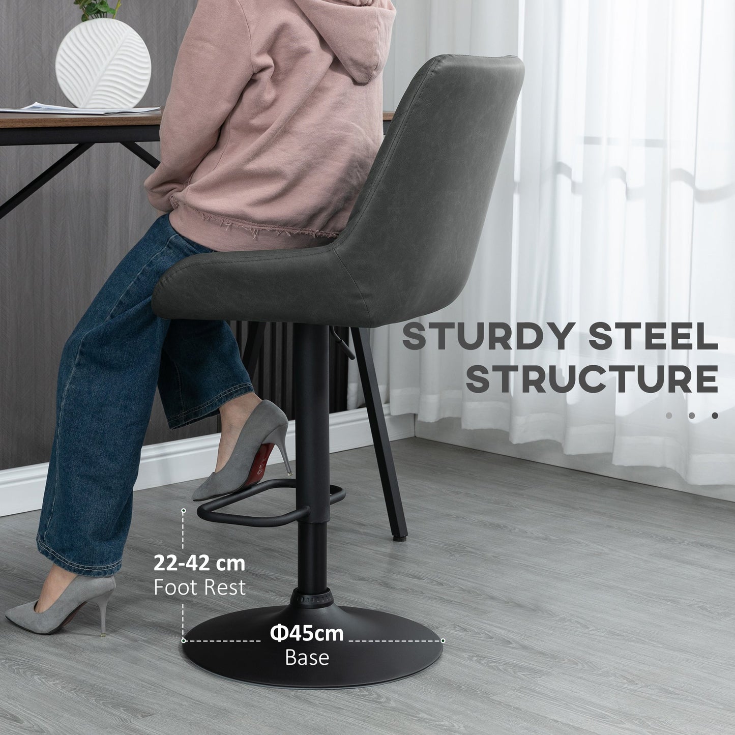 HOMCOM Breakfast Bar Stools Set of 2 with 51x40cm Wide Seat, Height Adjustable Kitchen Counter Chairs, Retro Swivel Upholstered Barstools with Back, Footrest and Steel Base, Dark Grey
