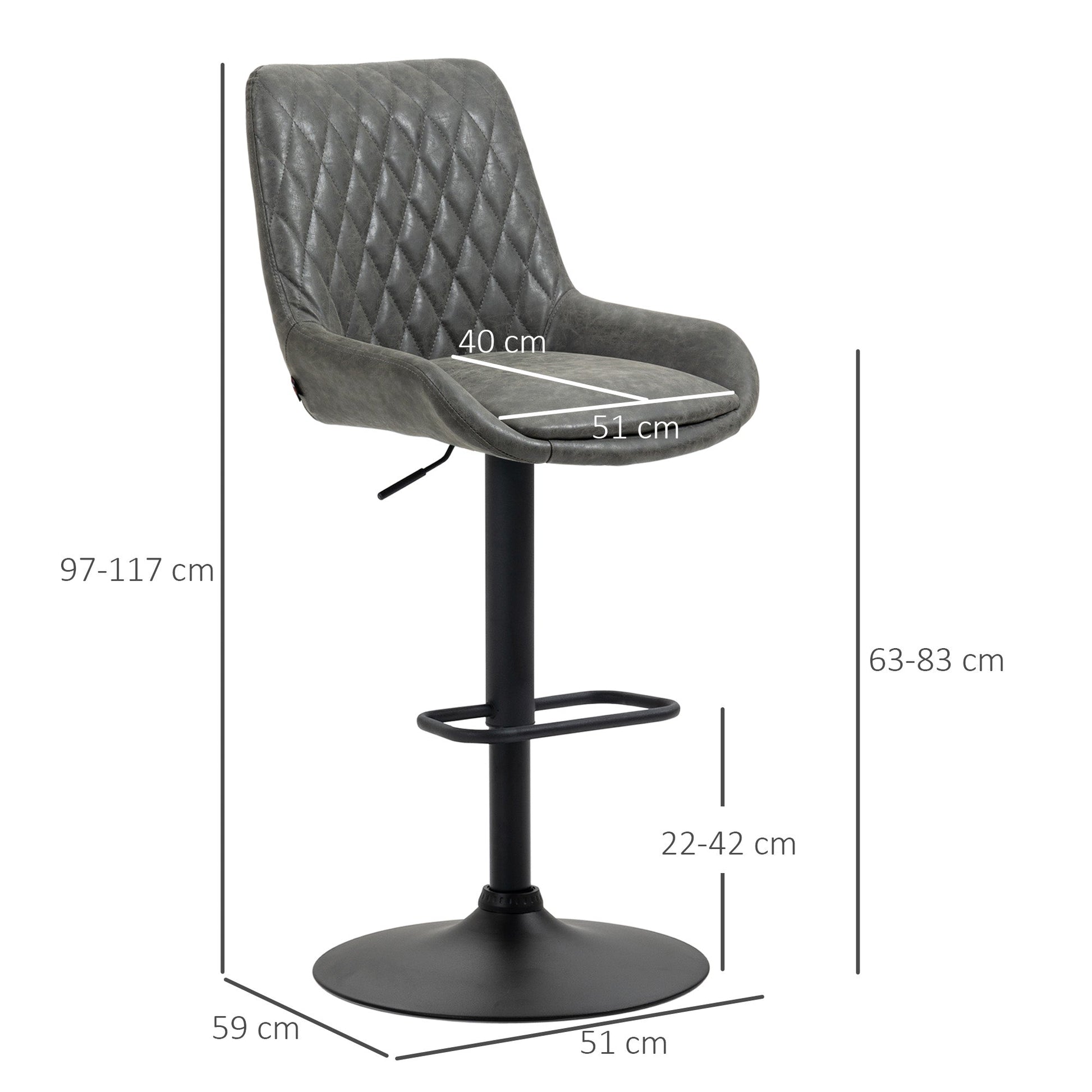 HOMCOM Breakfast Bar Stools Set of 2 with 51x40cm Wide Seat, Height Adjustable Kitchen Counter Chairs, Retro Swivel Upholstered Barstools with Back, Footrest and Steel Base, Dark Grey