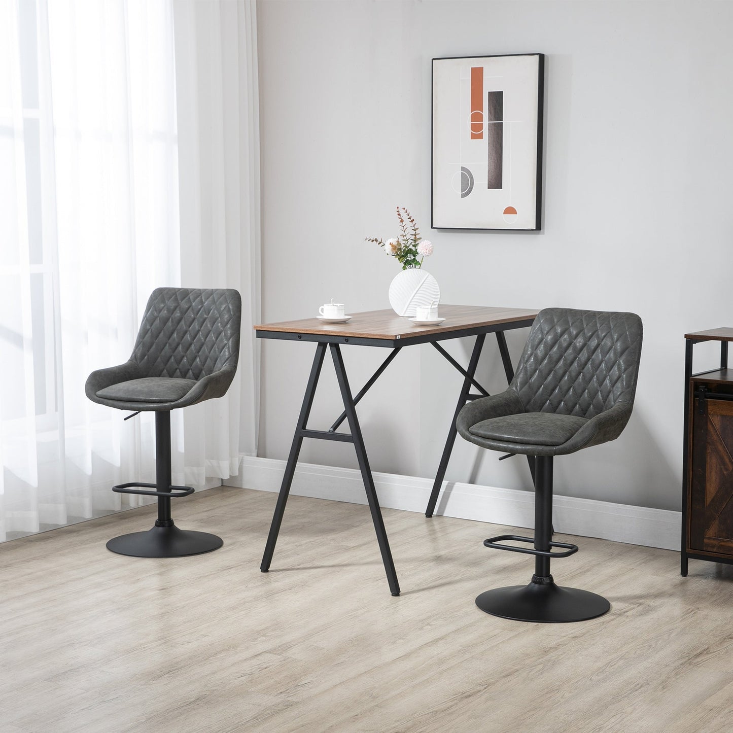 HOMCOM Breakfast Bar Stools Set of 2 with 51x40cm Wide Seat, Height Adjustable Kitchen Counter Chairs, Retro Swivel Upholstered Barstools with Back, Footrest and Steel Base, Dark Grey