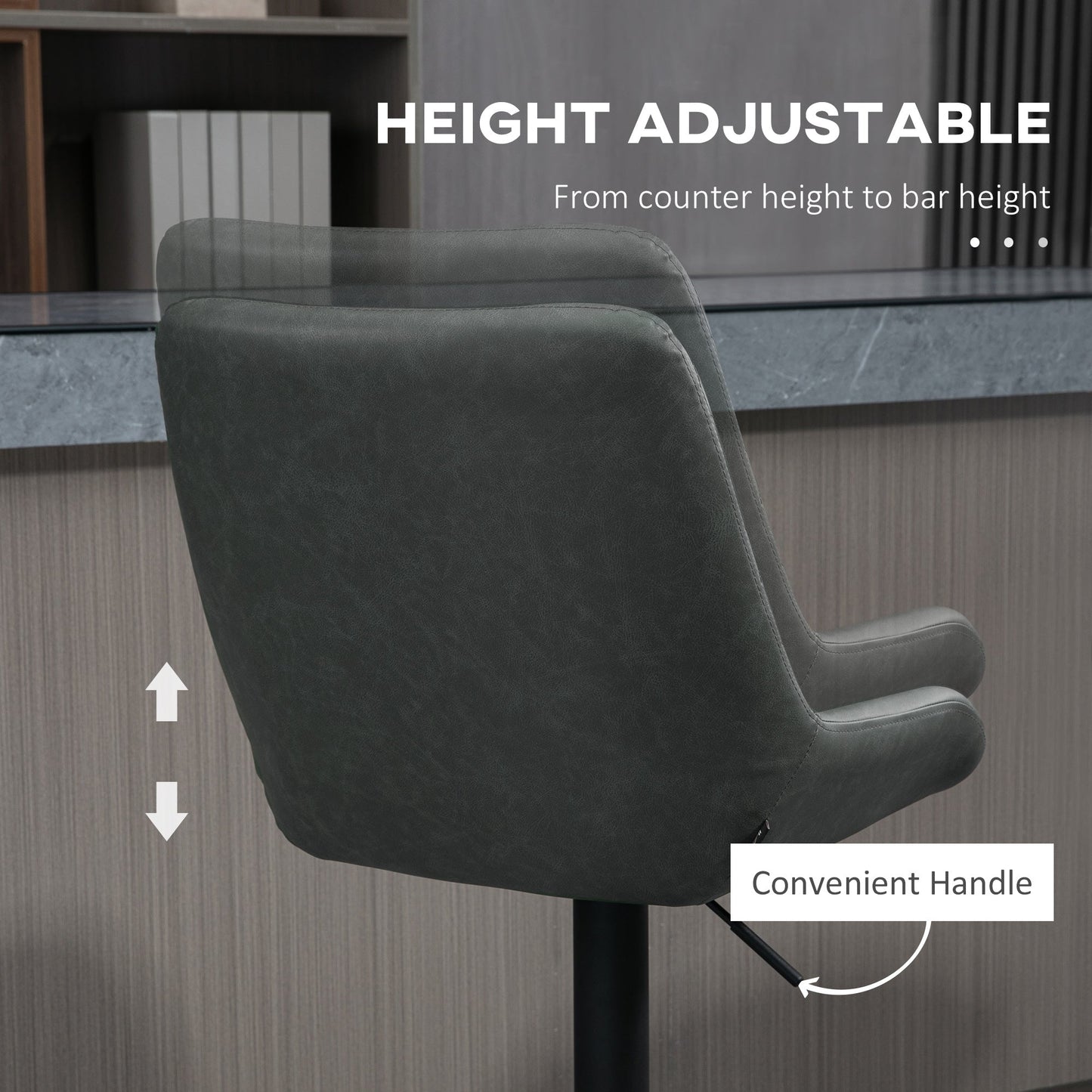 HOMCOM Breakfast Bar Stools Set of 2 with 51x40cm Wide Seat, Height Adjustable Kitchen Counter Chairs, Retro Swivel Upholstered Barstools with Back, Footrest and Steel Base, Dark Grey