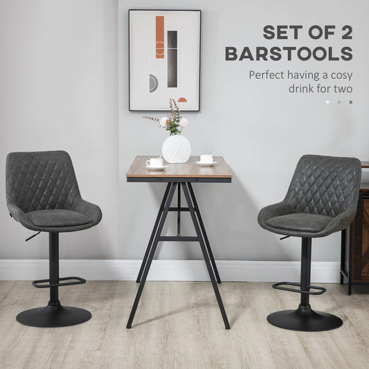 HOMCOM Breakfast Bar Stools Set of 2 with 51x40cm Wide Seat, Height Adjustable Kitchen Counter Chairs, Retro Swivel Upholstered Barstools with Back, Footrest and Steel Base, Dark Grey