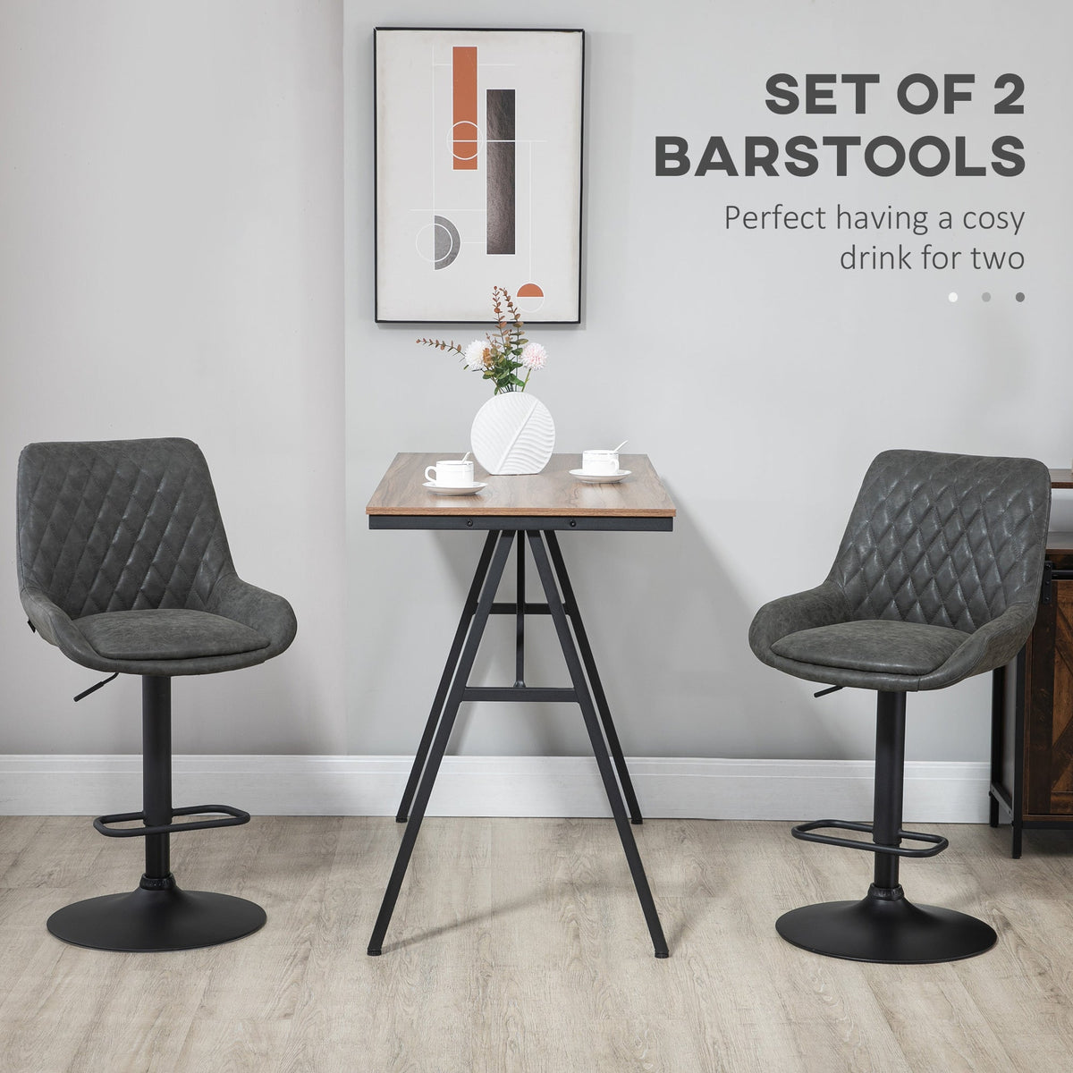 HOMCOM Breakfast Bar Stools Set of 2 with 51x40cm Wide Seat, Height Adjustable Kitchen Counter Chairs, Retro Swivel Upholstered Barstools with Back, Footrest and Steel Base, Dark Grey