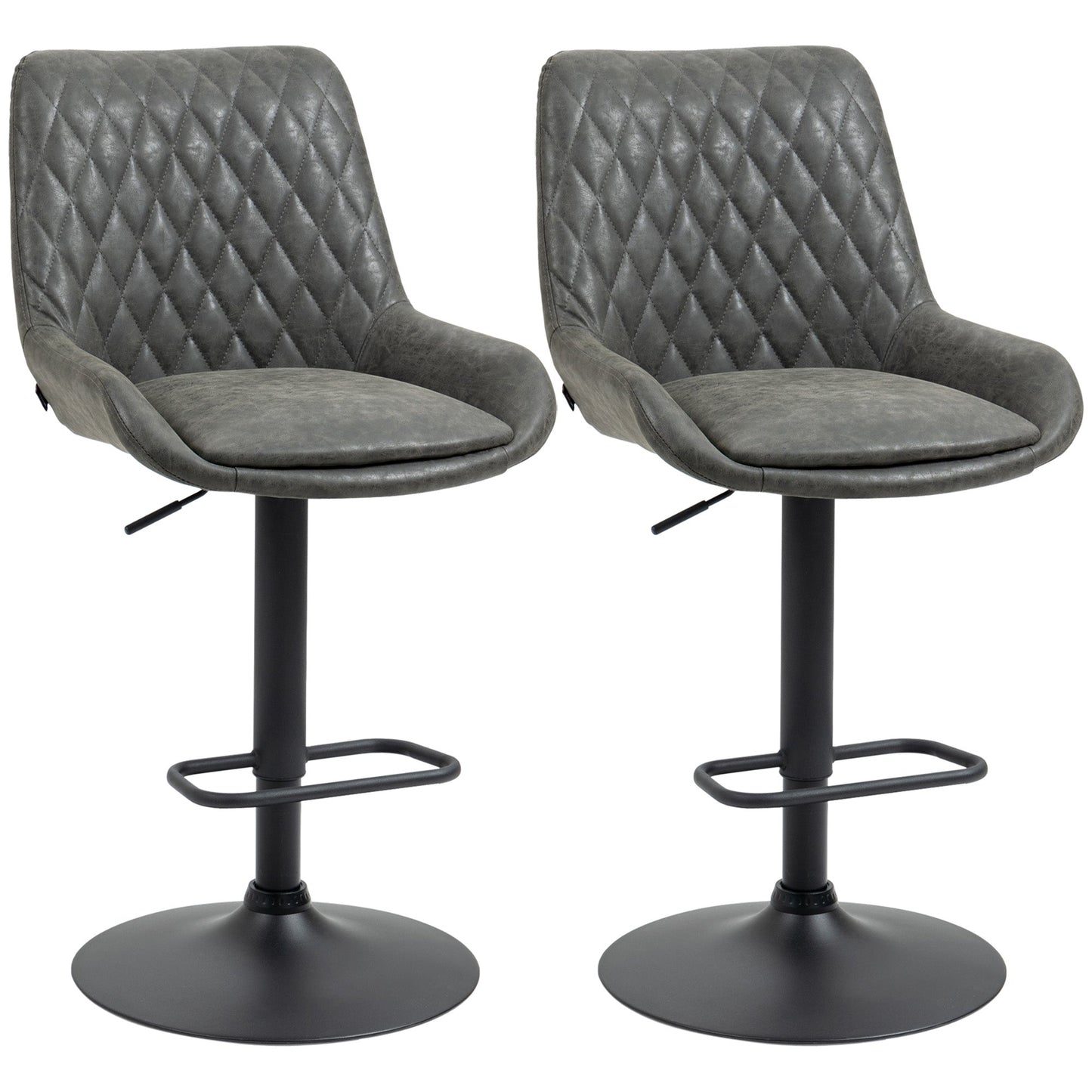HOMCOM Breakfast Bar Stools Set of 2 with 51x40cm Wide Seat, Height Adjustable Kitchen Counter Chairs, Retro Swivel Upholstered Barstools with Back, Footrest and Steel Base, Dark Grey
