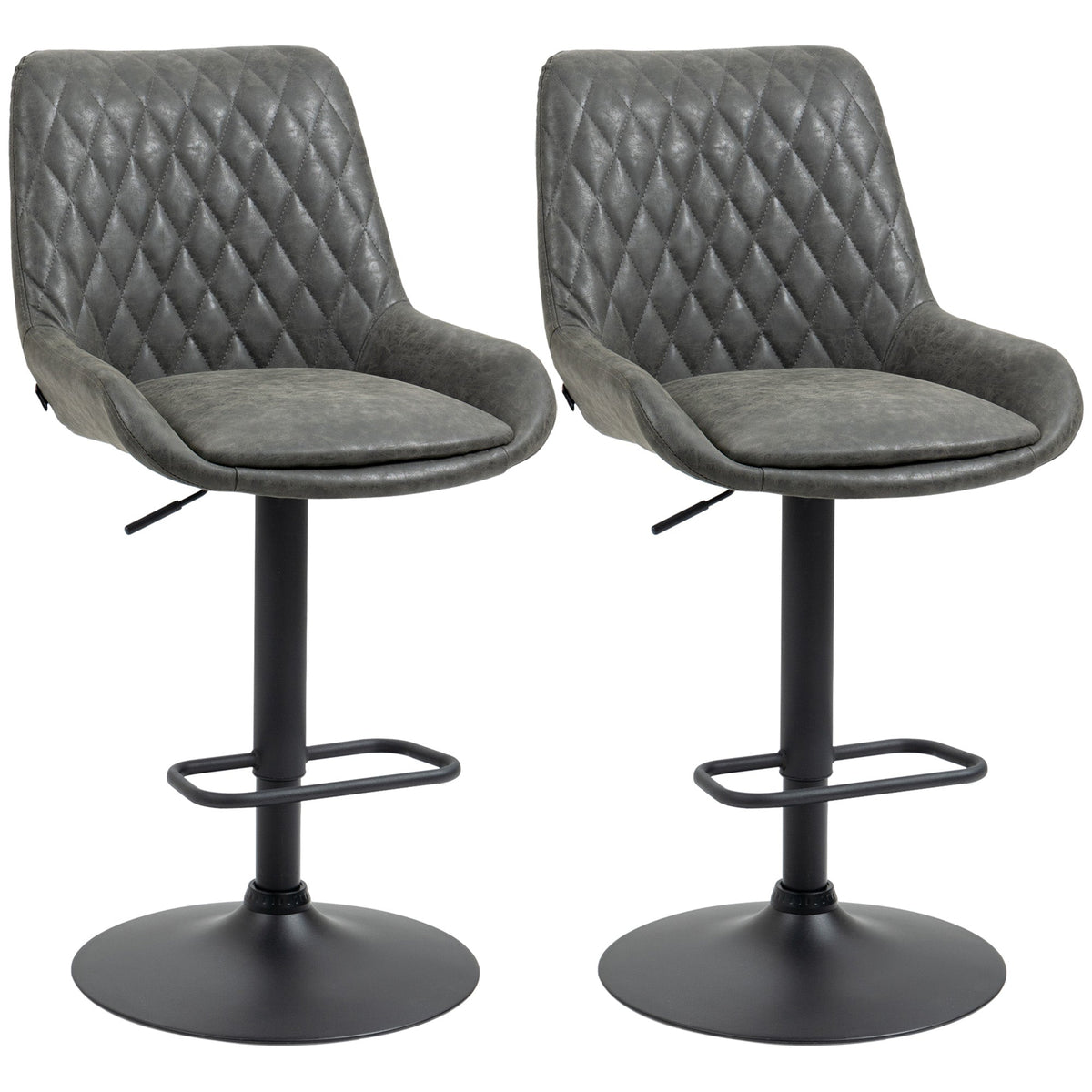 HOMCOM Breakfast Bar Stools Set of 2 with 51x40cm Wide Seat, Height Adjustable Kitchen Counter Chairs, Retro Swivel Upholstered Barstools with Back, Footrest and Steel Base, Dark Grey