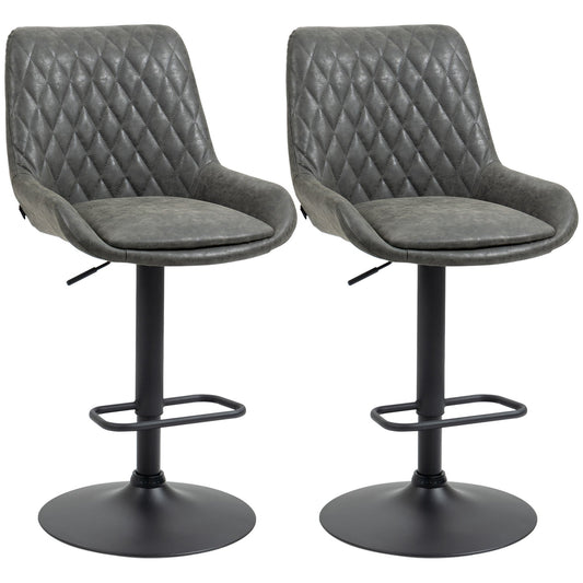 HOMCOM Breakfast Bar Stools Set of 2 with 51x40cm Wide Seat, Height Adjustable Kitchen Counter Chairs, Retro Swivel Upholstered Barstools with Back, Footrest and Steel Base, Dark Grey