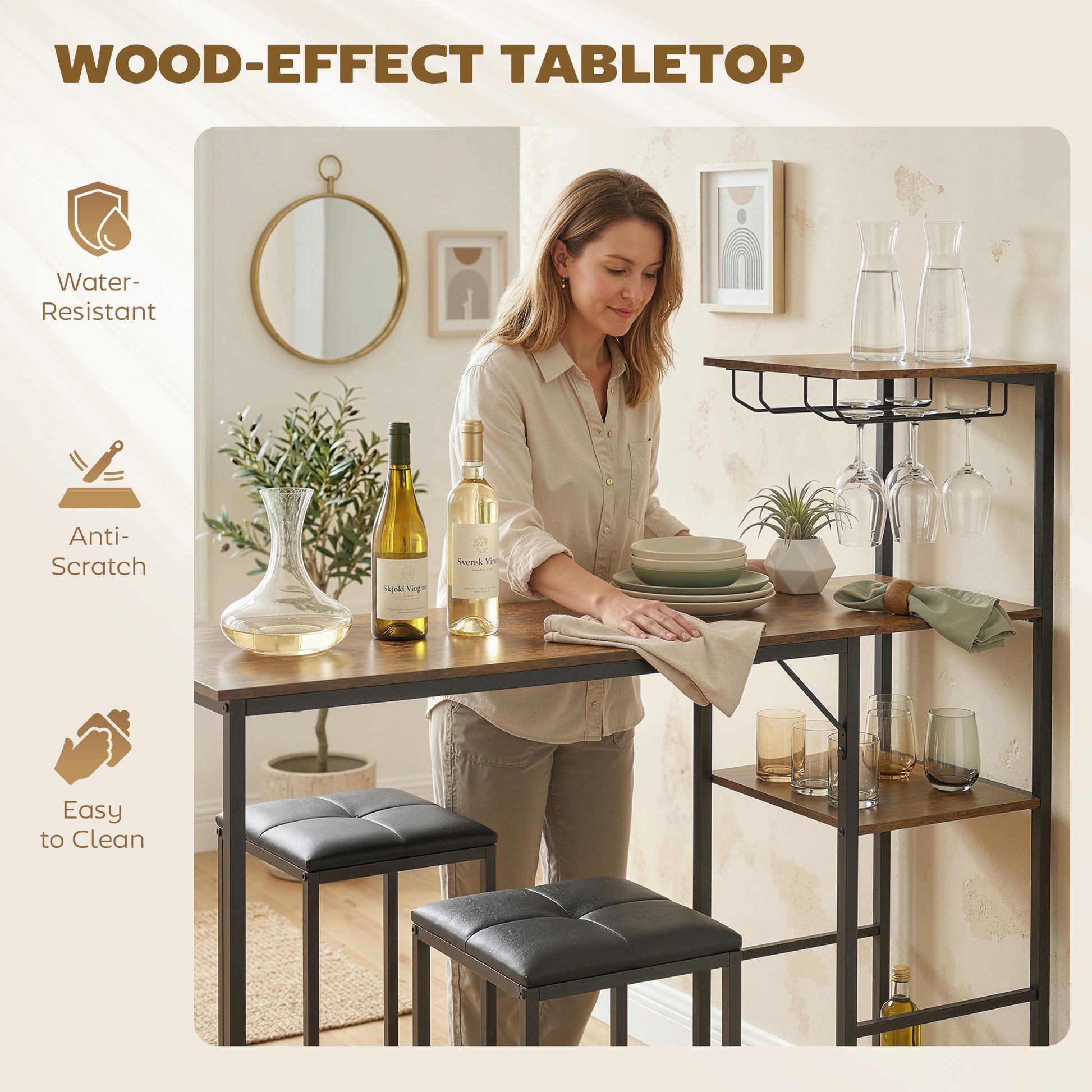 3 Piece Breakfast Bar Table and Stools Set, Dining Table with 4-tier shelving and Glasses Holders, 2 PU Leather Bar Stools with Footrest for Kitchen, Dining Room, Pub, Rustic Brown