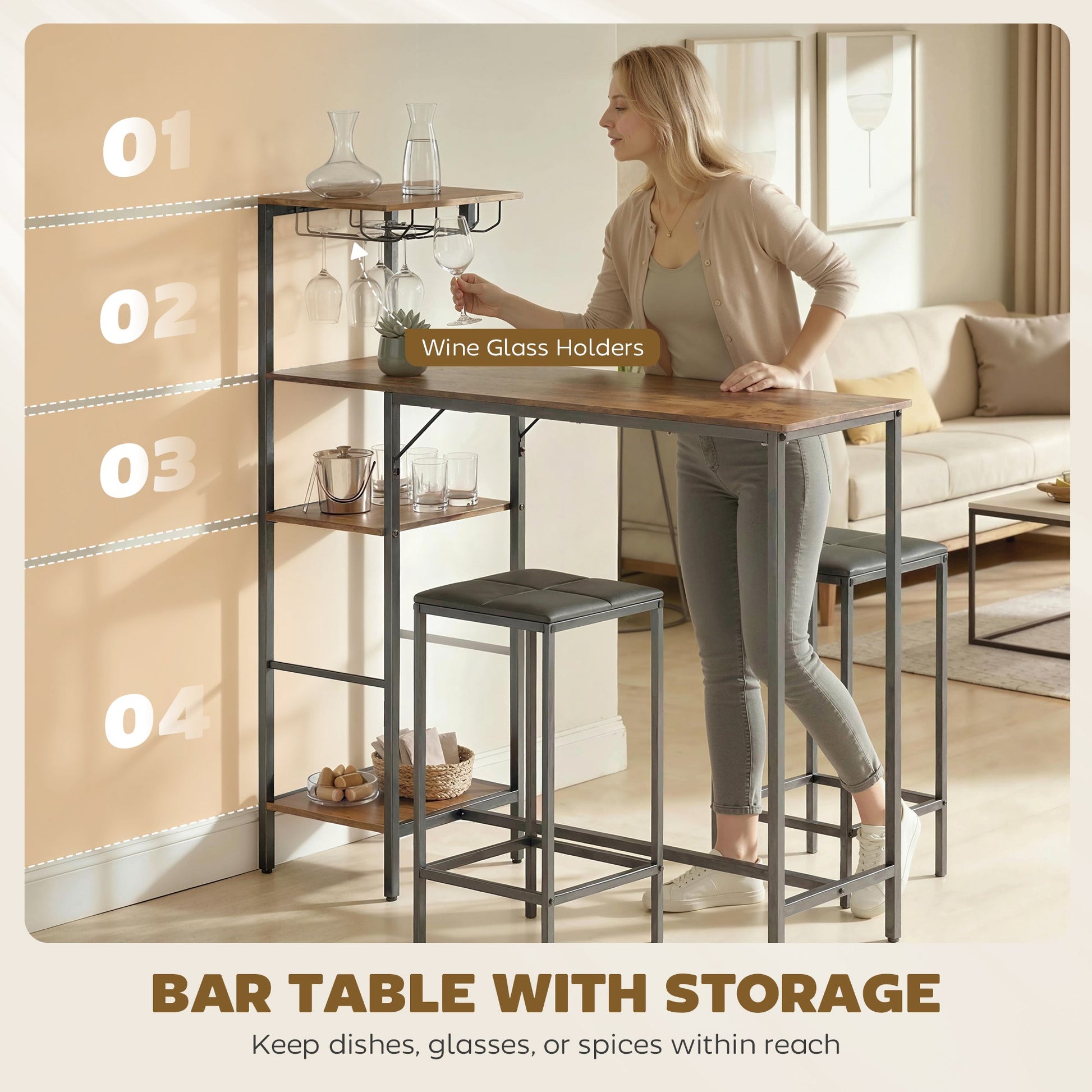 3 Piece Breakfast Bar Table and Stools Set, Dining Table with 4-tier shelving and Glasses Holders, 2 PU Leather Bar Stools with Footrest for Kitchen, Dining Room, Pub, Rustic Brown