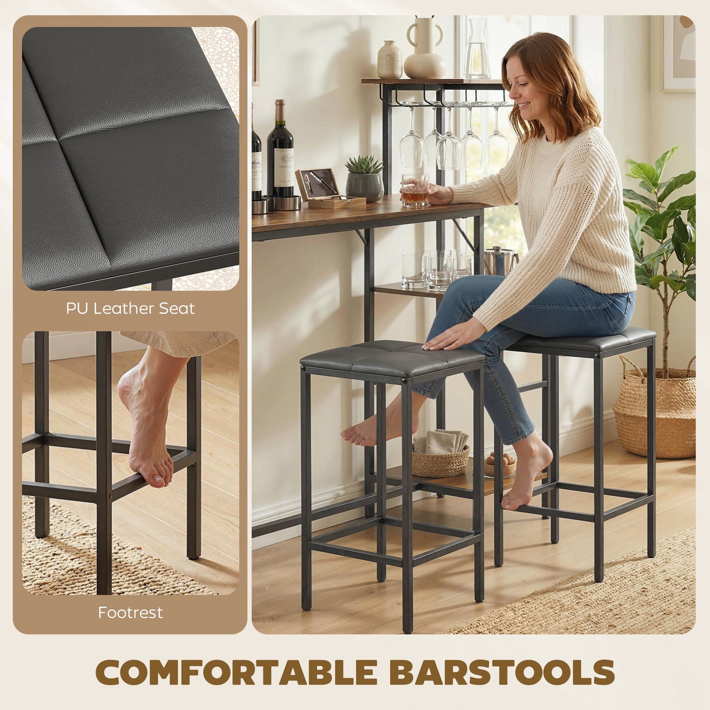 3 Piece Breakfast Bar Table and Stools Set, Dining Table with 4-tier shelving and Glasses Holders, 2 PU Leather Bar Stools with Footrest for Kitchen, Dining Room, Pub, Rustic Brown