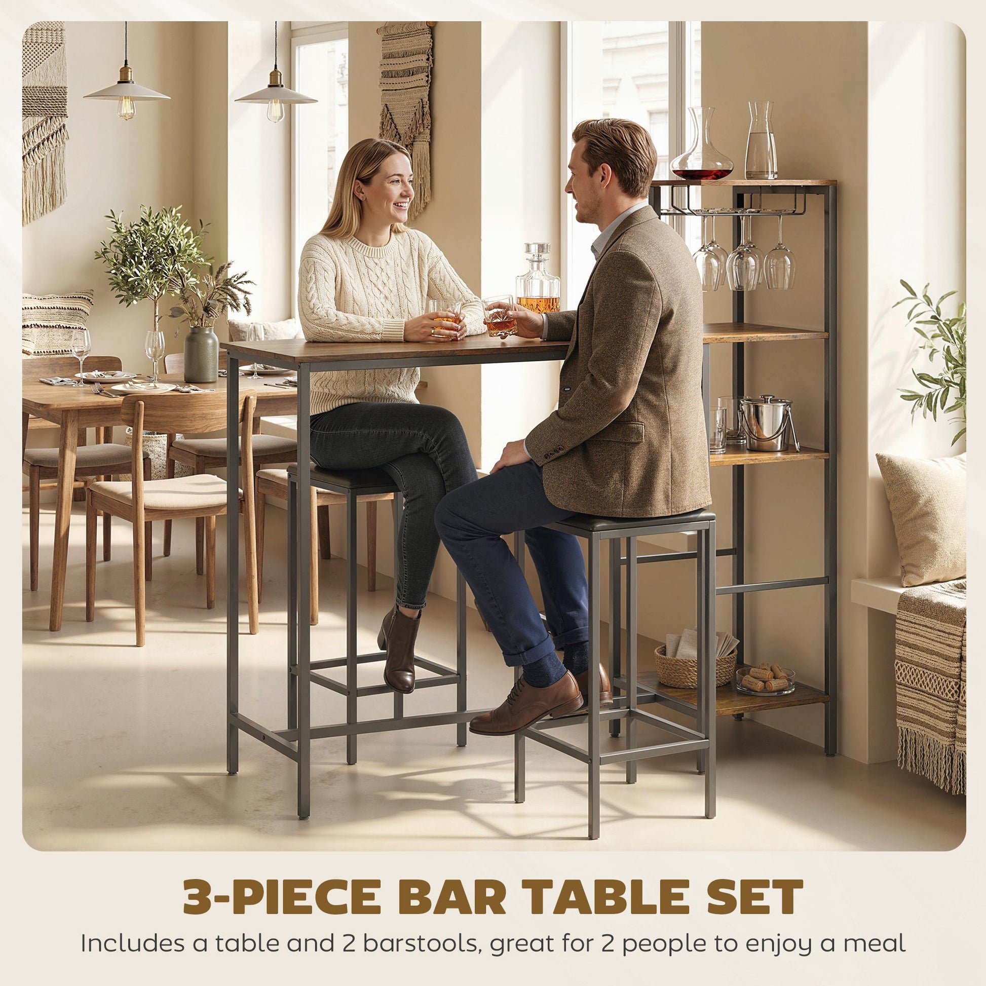 3 Piece Breakfast Bar Table and Stools Set, Dining Table with 4-tier shelving and Glasses Holders, 2 PU Leather Bar Stools with Footrest for Kitchen, Dining Room, Pub, Rustic Brown