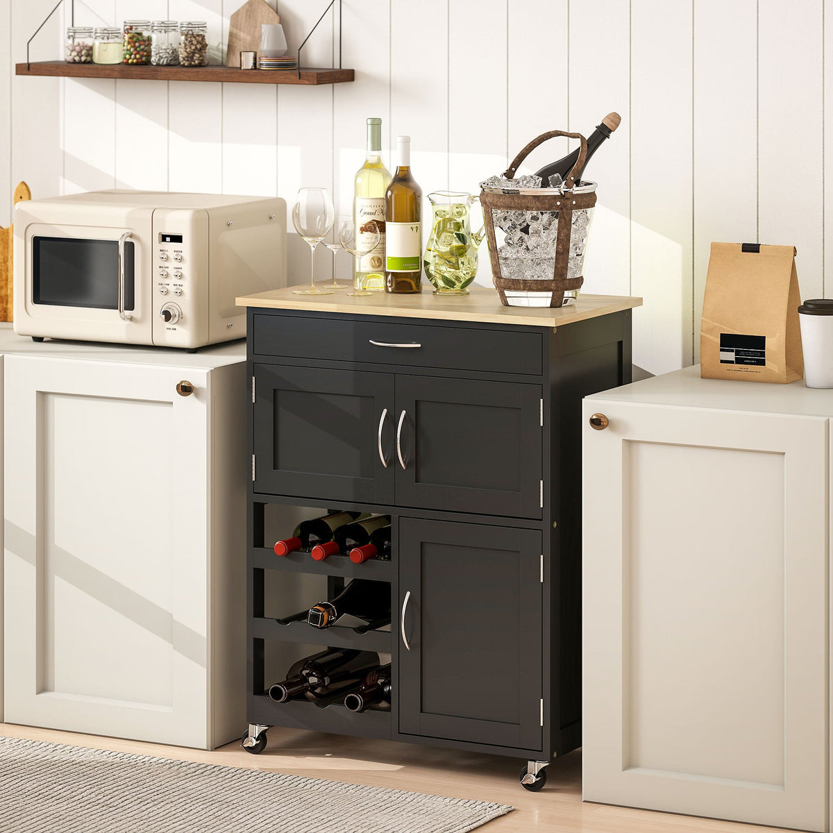 Modern Kitchen Trolley, Rolling Island Storage Cart with Drawer, 9-bottle Wine Rack, Door Cabinets, Wooden Countertop, Black