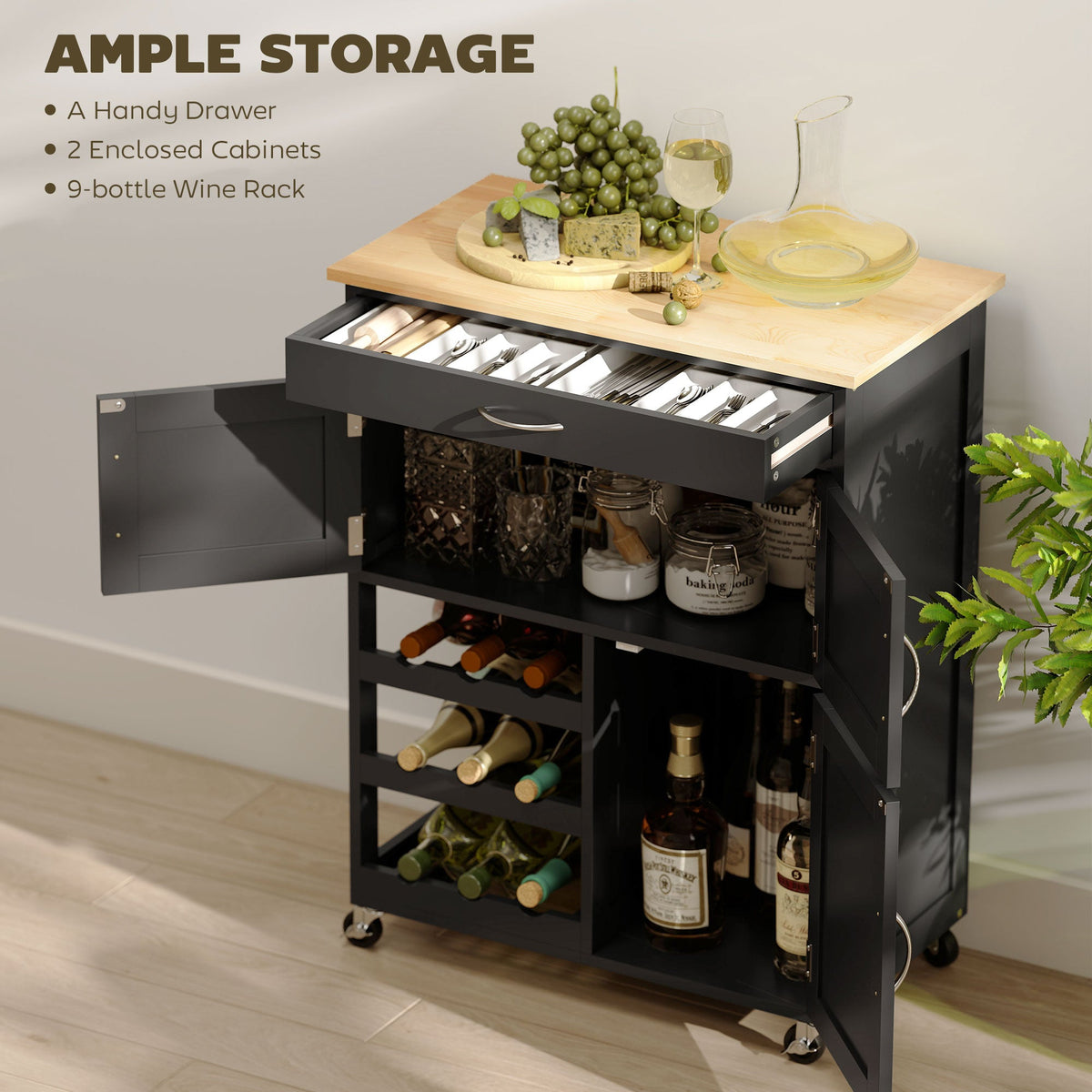 Modern Kitchen Trolley, Rolling Island Storage Cart with Drawer, 9-bottle Wine Rack, Door Cabinets, Wooden Countertop, Black