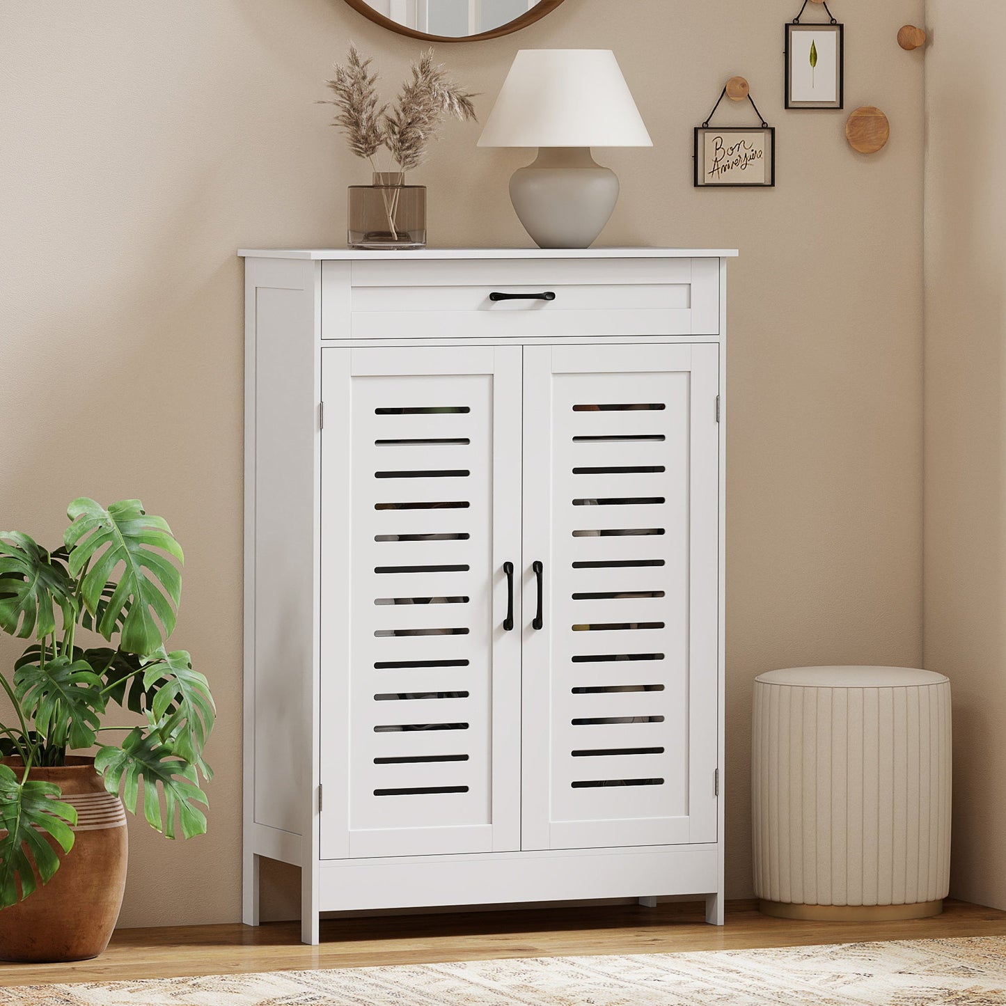 Shoe Cabinet with Louvered Doors, Modern Shoe Storage Cabinet with Drawer and Adjustable Shelves, Holds up to 20 Pairs for Entryway, Hallway, White