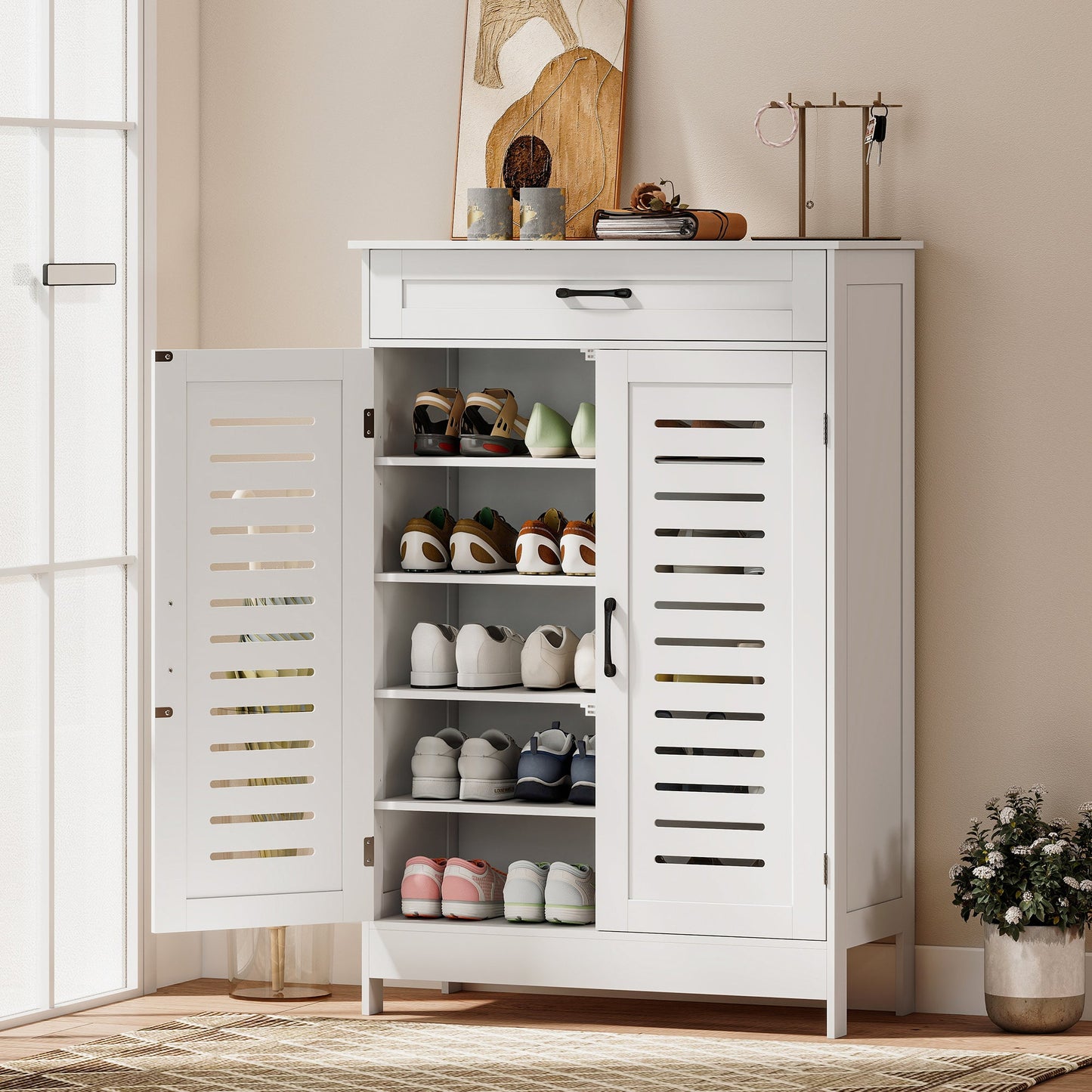 Shoe Cabinet with Louvered Doors, Modern Shoe Storage Cabinet with Drawer and Adjustable Shelves, Holds up to 20 Pairs for Entryway, Hallway, White