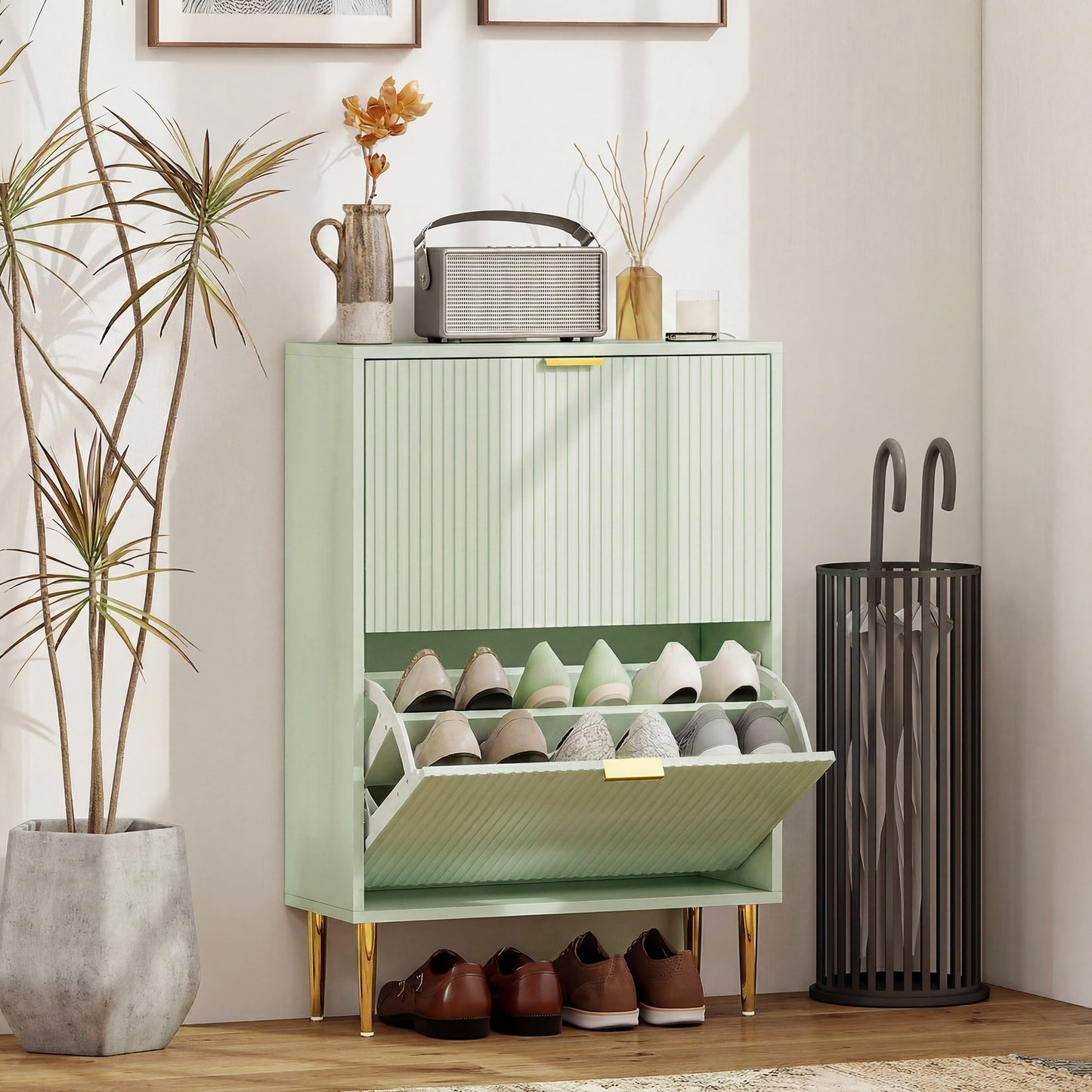 Narrow Shoe Cabinet with 2 Flip Drawers, Modern Slim Shoe Storage Cabinet with Fluted Doors and Adjustable Shelves for Hallway, Holds 6-12 Pairs, Light Green