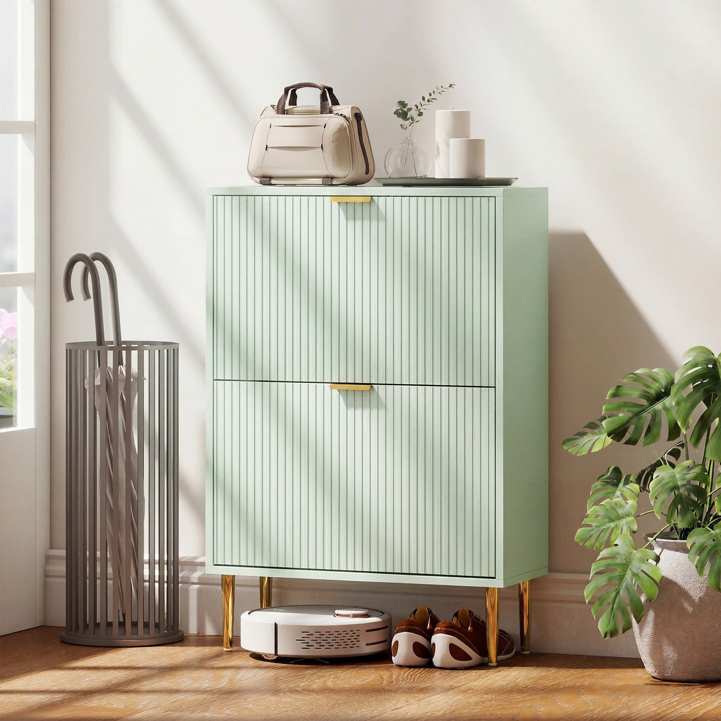 Narrow Shoe Cabinet with 2 Flip Drawers, Modern Slim Shoe Storage Cabinet with Fluted Doors and Adjustable Shelves for Hallway, Holds 6-12 Pairs, Light Green