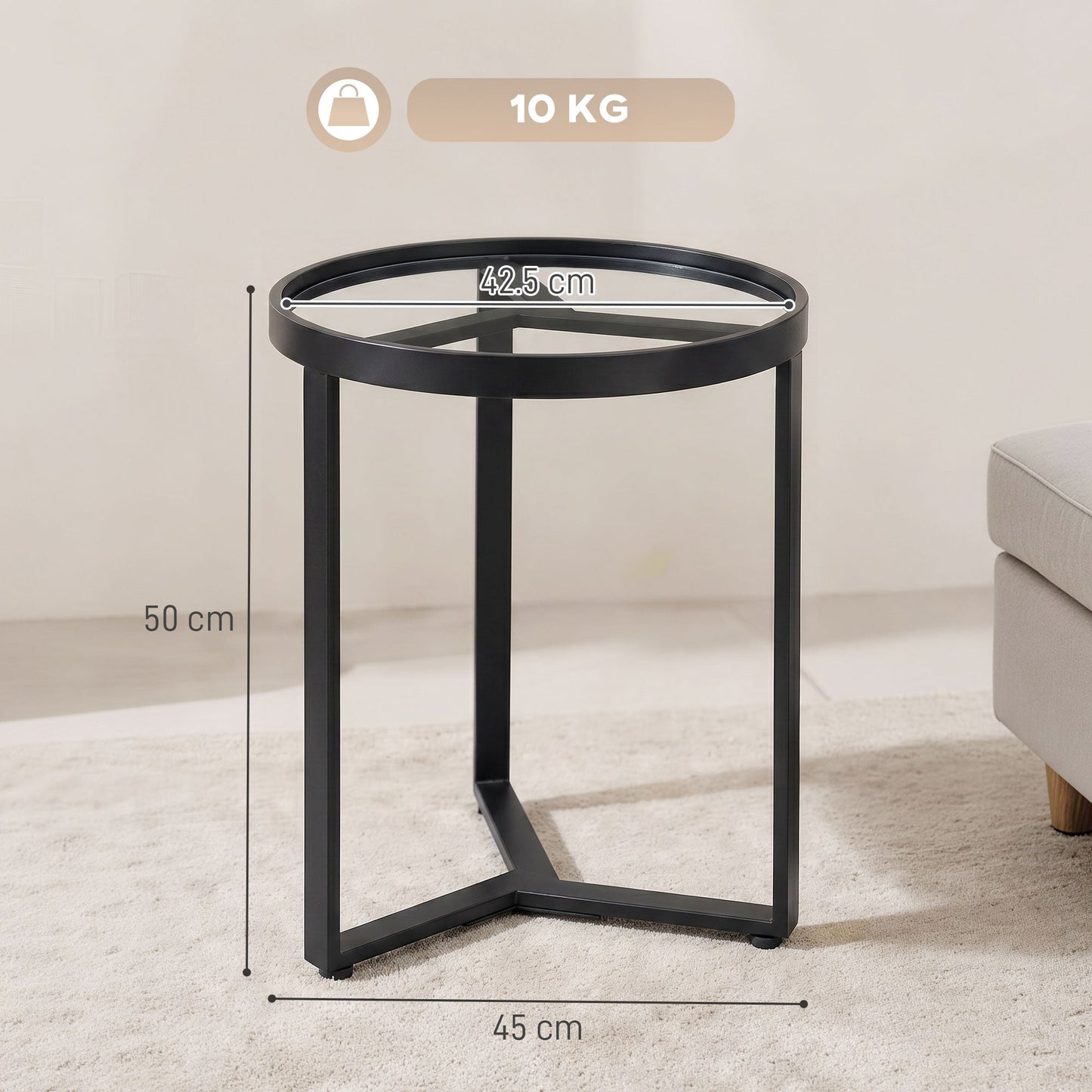 Round Side Table with Tempered Glass Top, Modern End Table with Geometric Metal Frame for Small Space, Living Room and Bedroom, Black