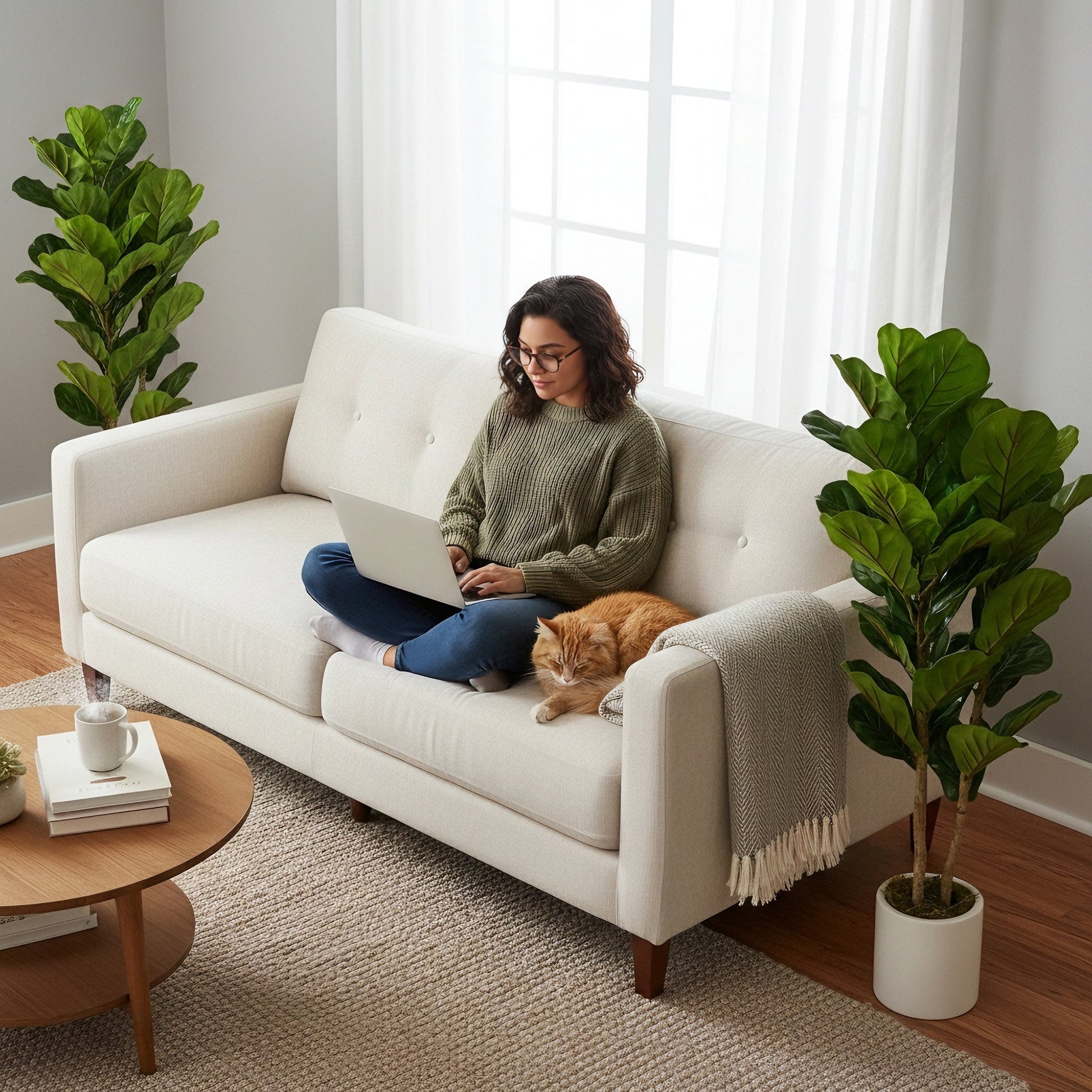120cm Artificial Fiddle Leaf Fig Trees Set of Two with Solid Wood Trunks, Decorative Artificial Plants with 45 Leaves in Pot for Indoor Living Room Office Home Decor, Green