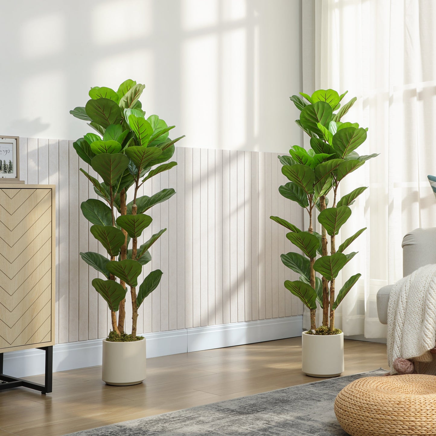 120cm Artificial Fiddle Leaf Fig Trees Set of Two with Solid Wood Trunks, Decorative Artificial Plants with 45 Leaves in Pot for Indoor Living Room Office Home Decor, Green