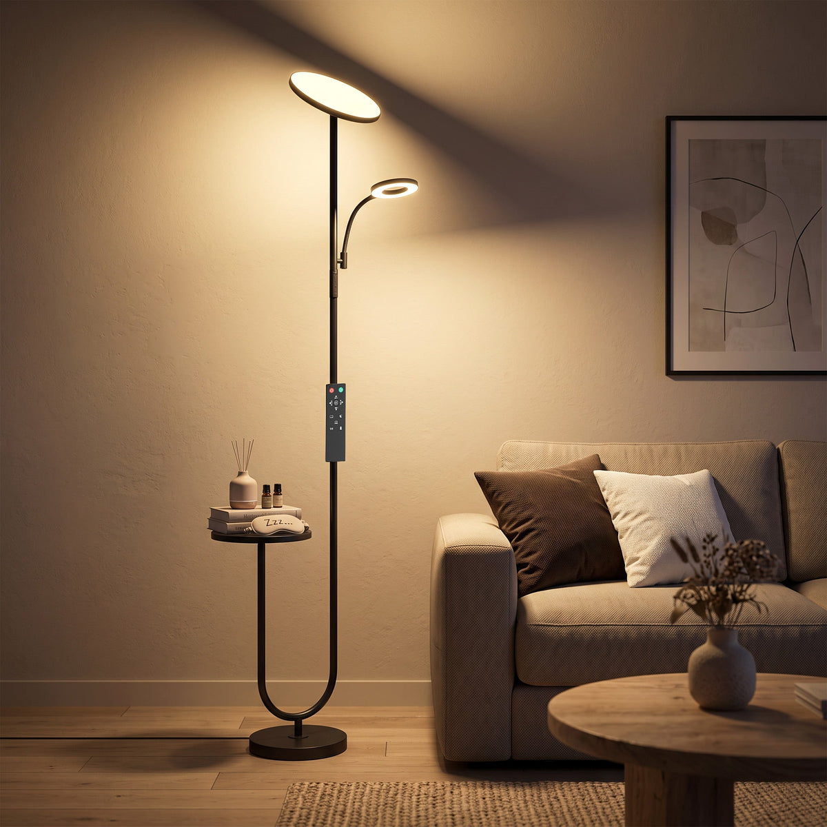 LED Uplighter Floor Lamp with Table, Dual Light Dimmable Standing Lamp with Magnetic Remote, 4 Colour Temperatures,  Adjustable Reading Light for Bedroom Living Room, Black