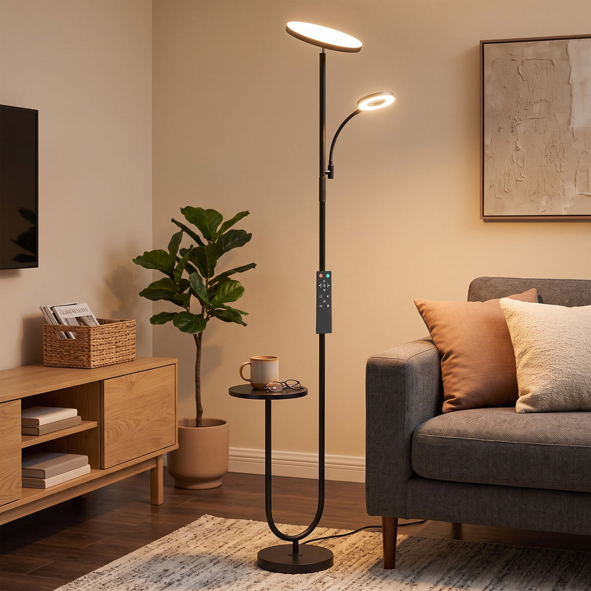 LED Uplighter Floor Lamp with Table, Dual Light Dimmable Standing Lamp with Magnetic Remote, 4 Colour Temperatures,  Adjustable Reading Light for Bedroom Living Room, Black