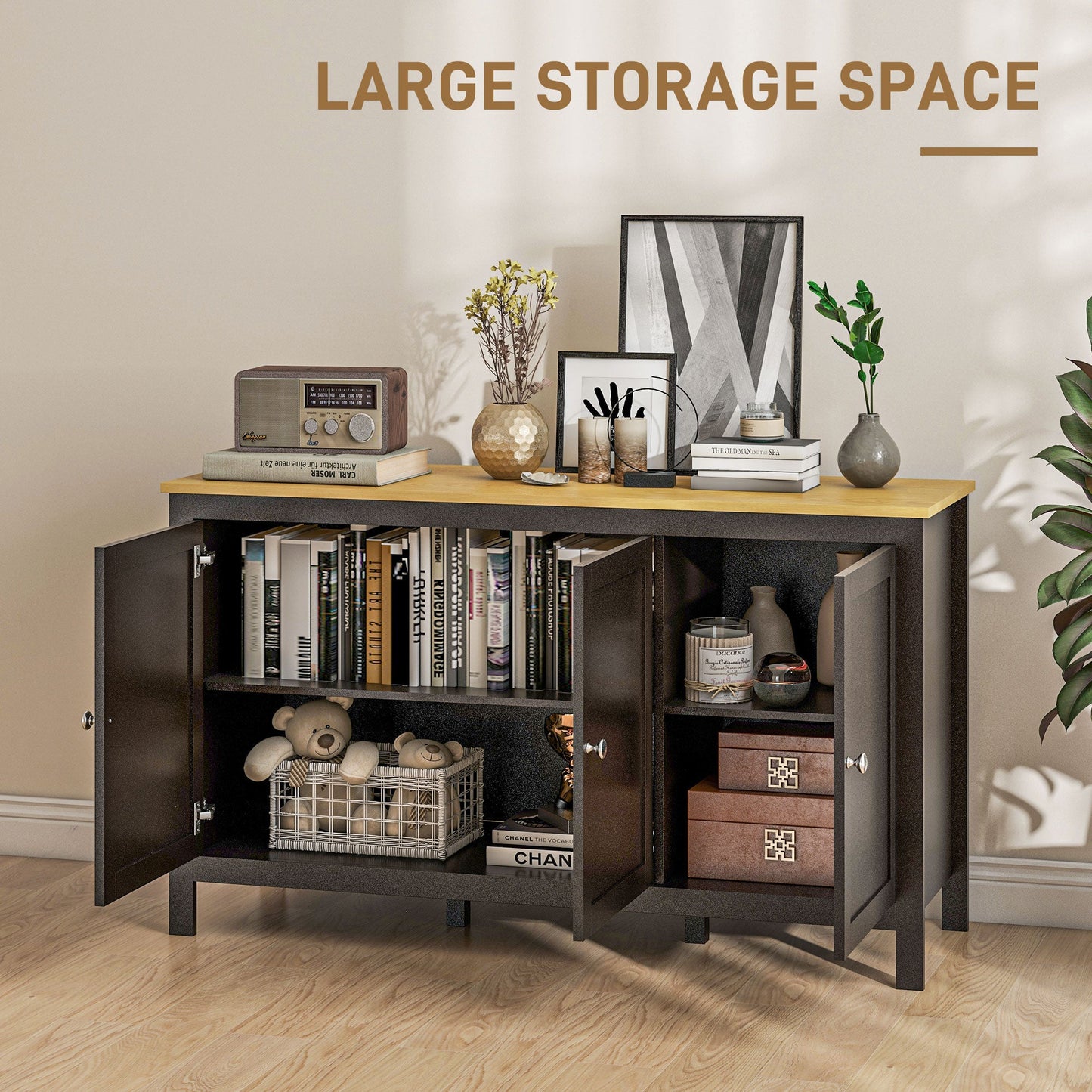 Sideboard Buffet Storage Cabinet, Modern Kitchen Cupboard with 3 Doors and 2 Adjustable Shelves for Dining Room, Living Room, Black