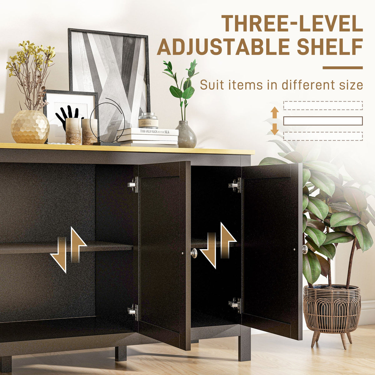 Sideboard Buffet Storage Cabinet, Modern Kitchen Cupboard with 3 Doors and 2 Adjustable Shelves for Dining Room, Living Room, Black
