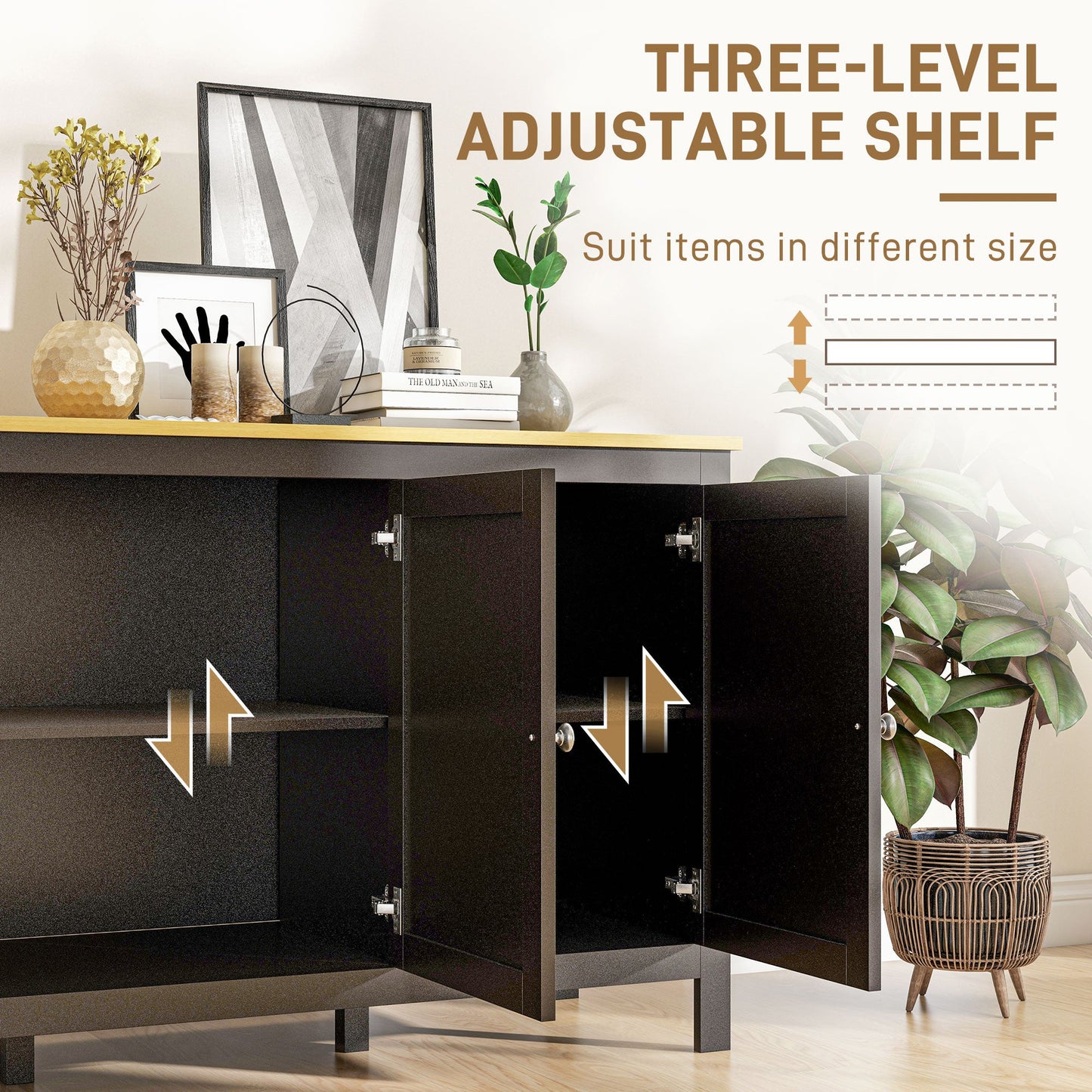 Sideboard Buffet Storage Cabinet, Modern Kitchen Cupboard with 3 Doors and 2 Adjustable Shelves for Dining Room, Living Room, Black